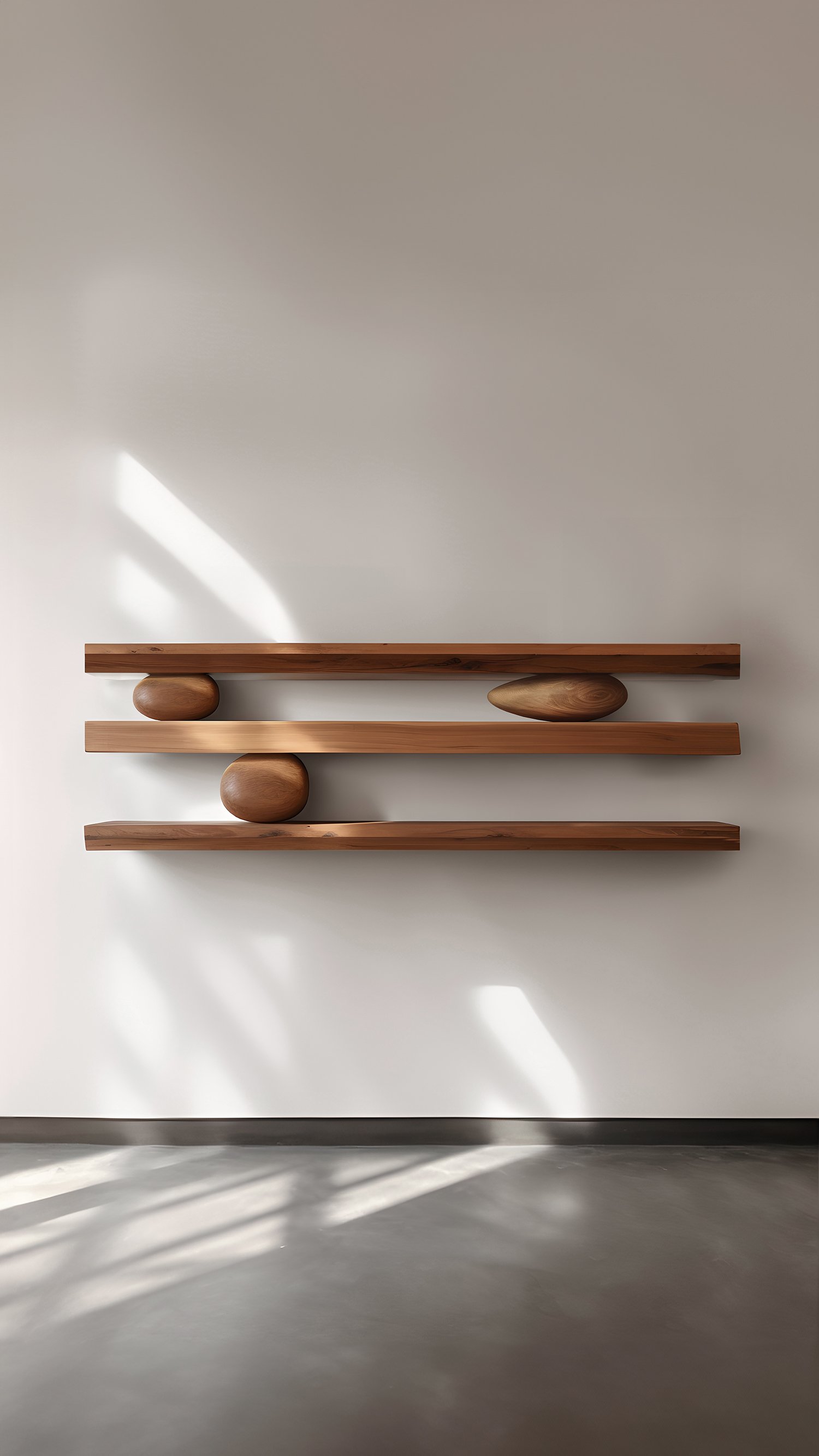 Set of Three Floating Shelves with Three Sculptural Wooden Pebble Accents, Sereno by Joel Escalona — 2.jpg