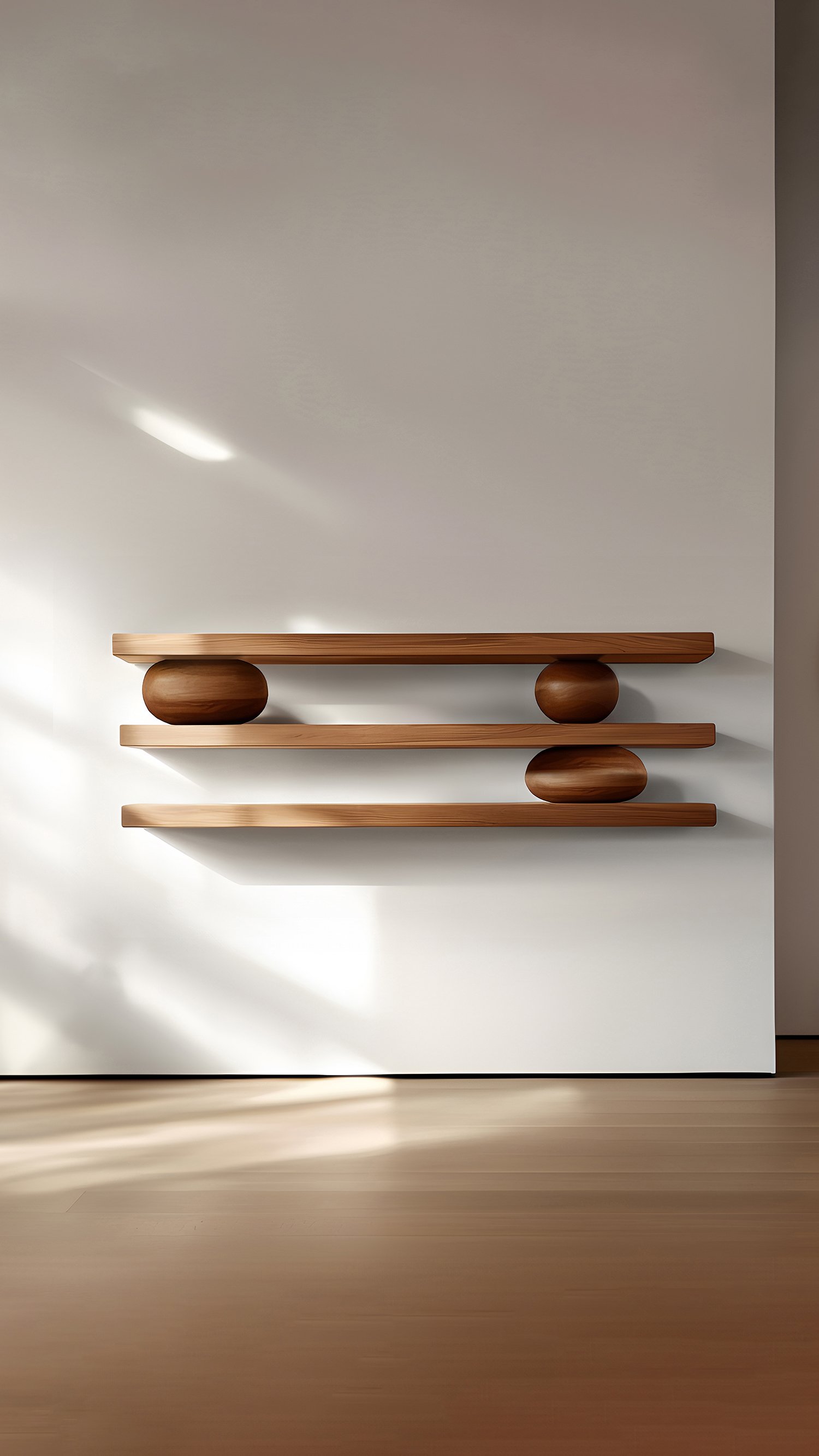 Set of Three Floating Shelves with Three Sculptural Wooden Pebble Accents, Sereno by Joel Escalona — 5.jpg