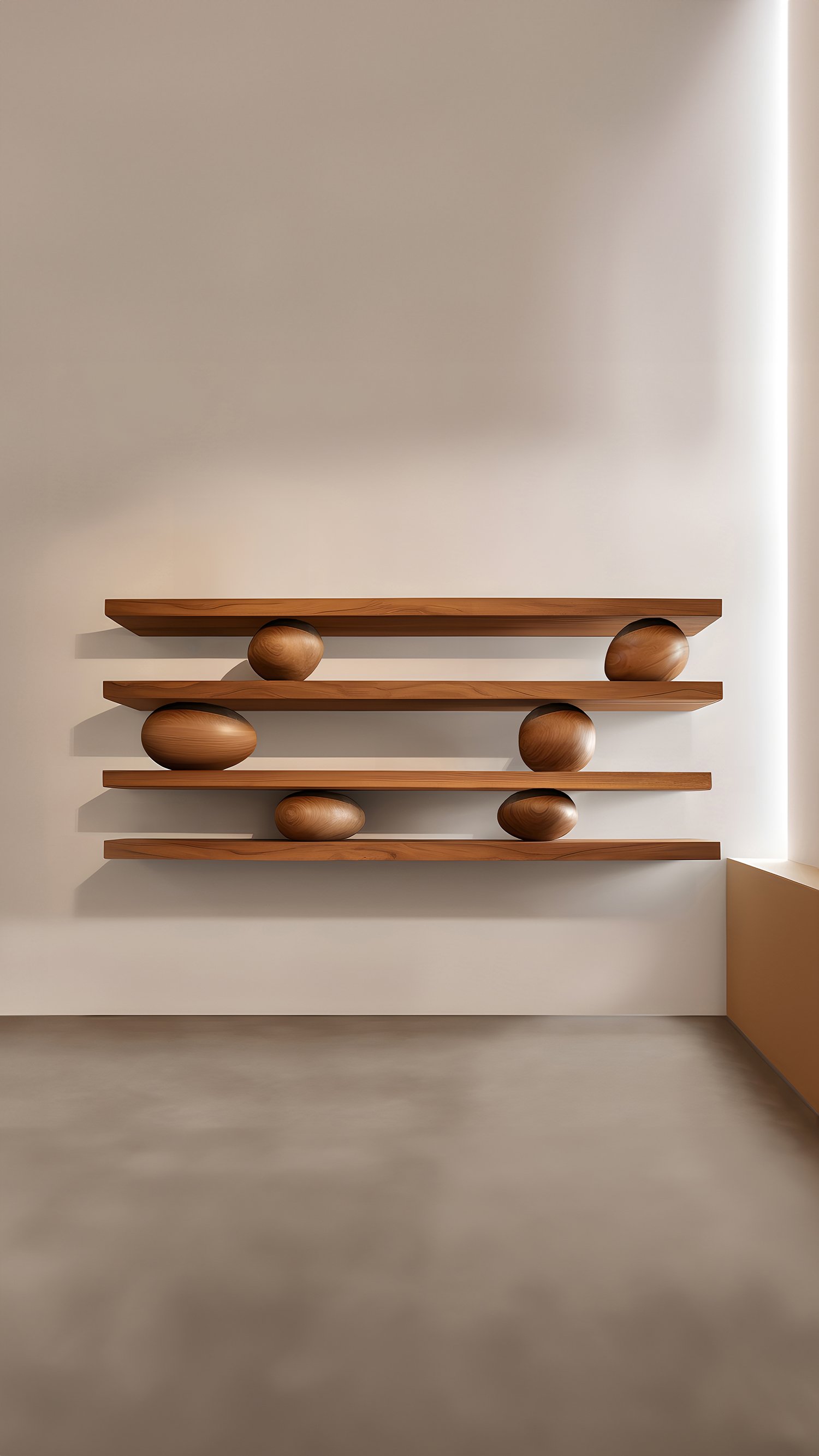 Set of Four Floating Shelves with Six Sculptural Wooden Pebble Accents, Sereno by Joel Escalona — 3.jpg