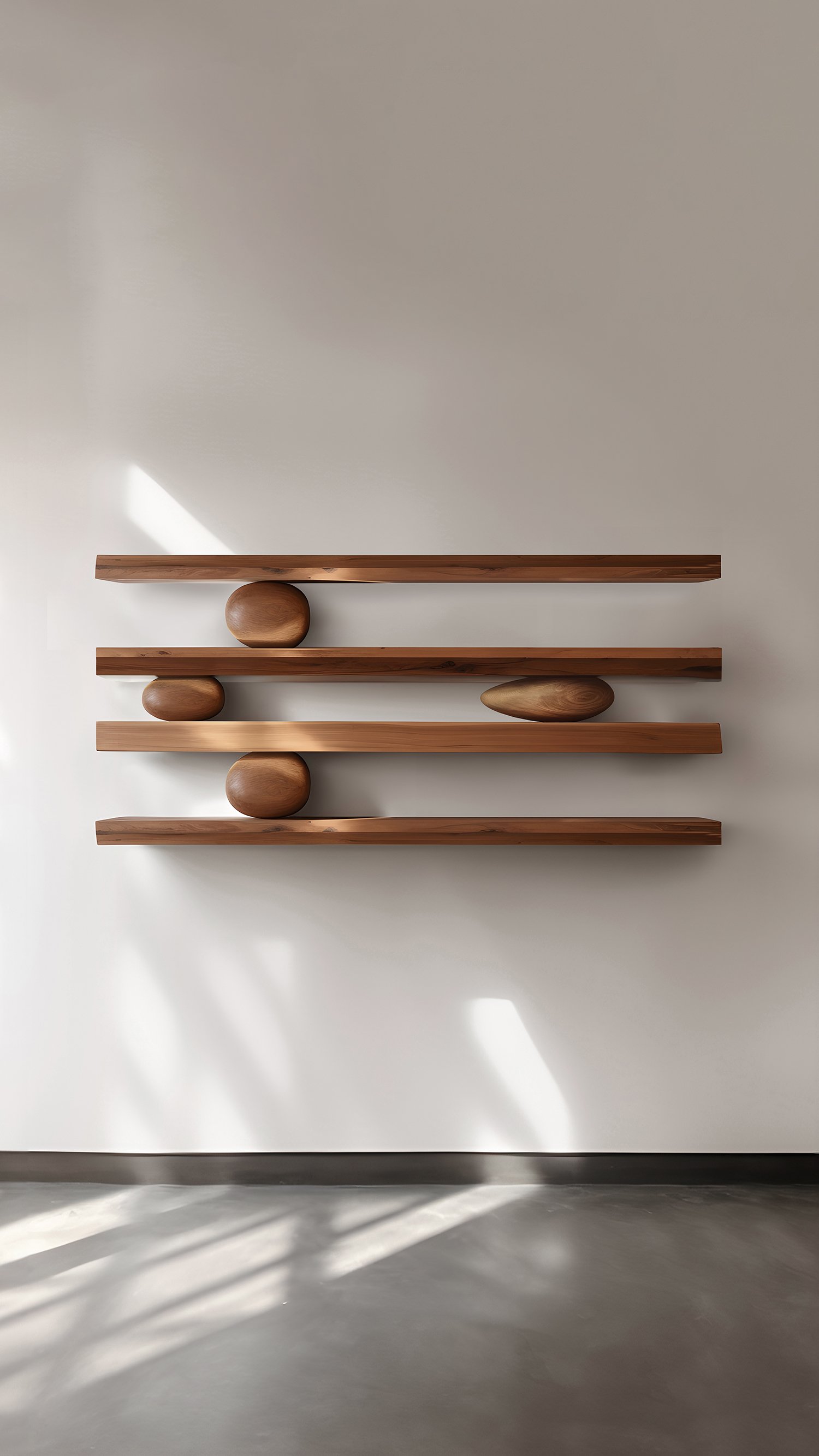 Set of Four Floating Shelves with Six Sculptural Wooden Pebble Accents, Sereno by Joel Escalona — 4.jpg