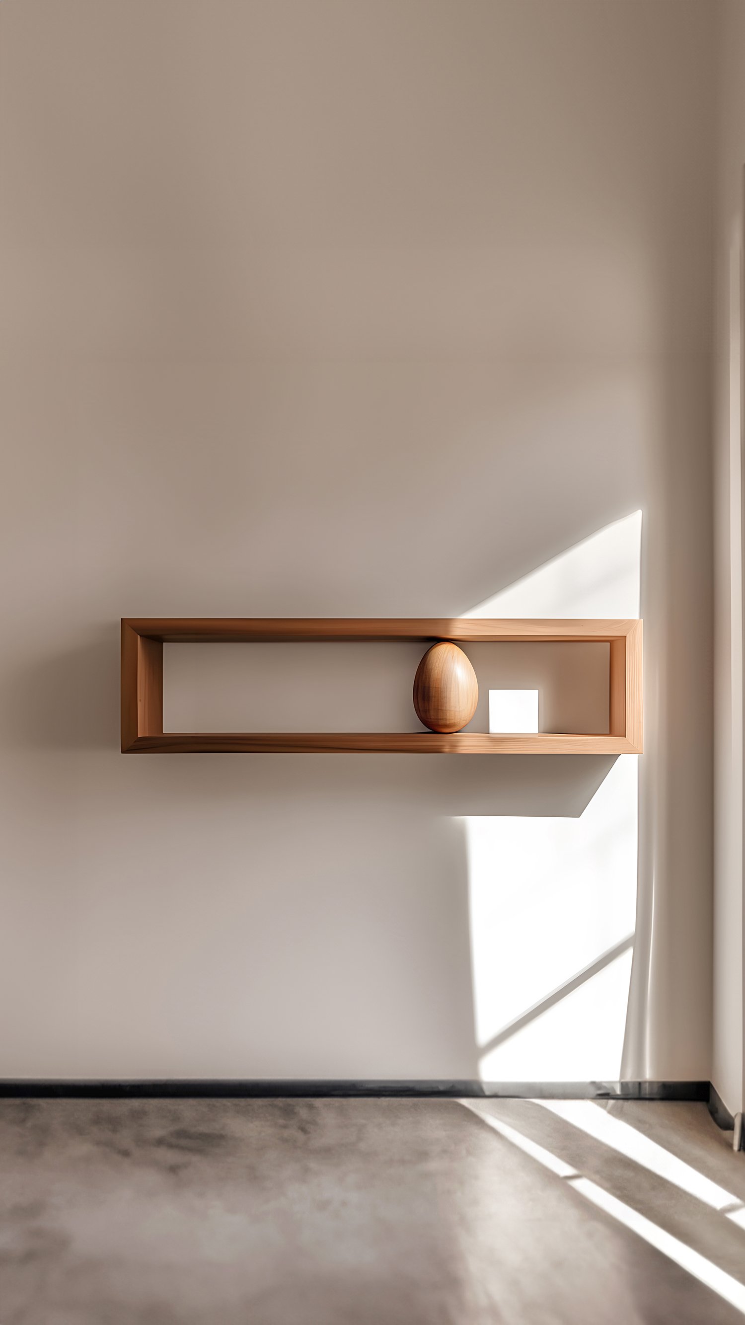 Rectangular Floating Shelf with One Sculptural Wooden Pebble Accent, Sereno by Joel Escalona — 2.jpg