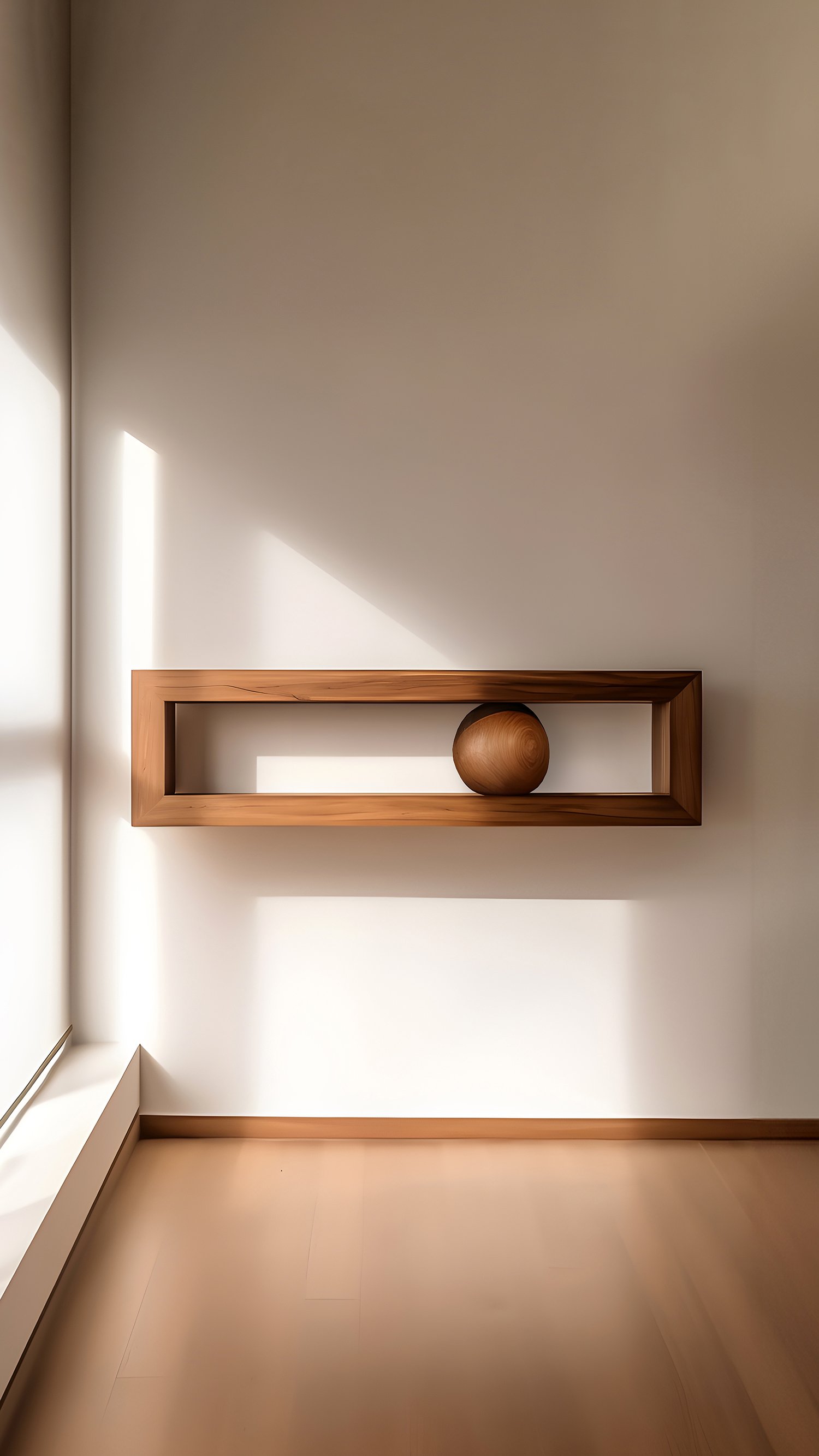 Rectangular Floating Shelf with One Sculptural Wooden Pebble Accent, Sereno by Joel Escalona — 4.jpg