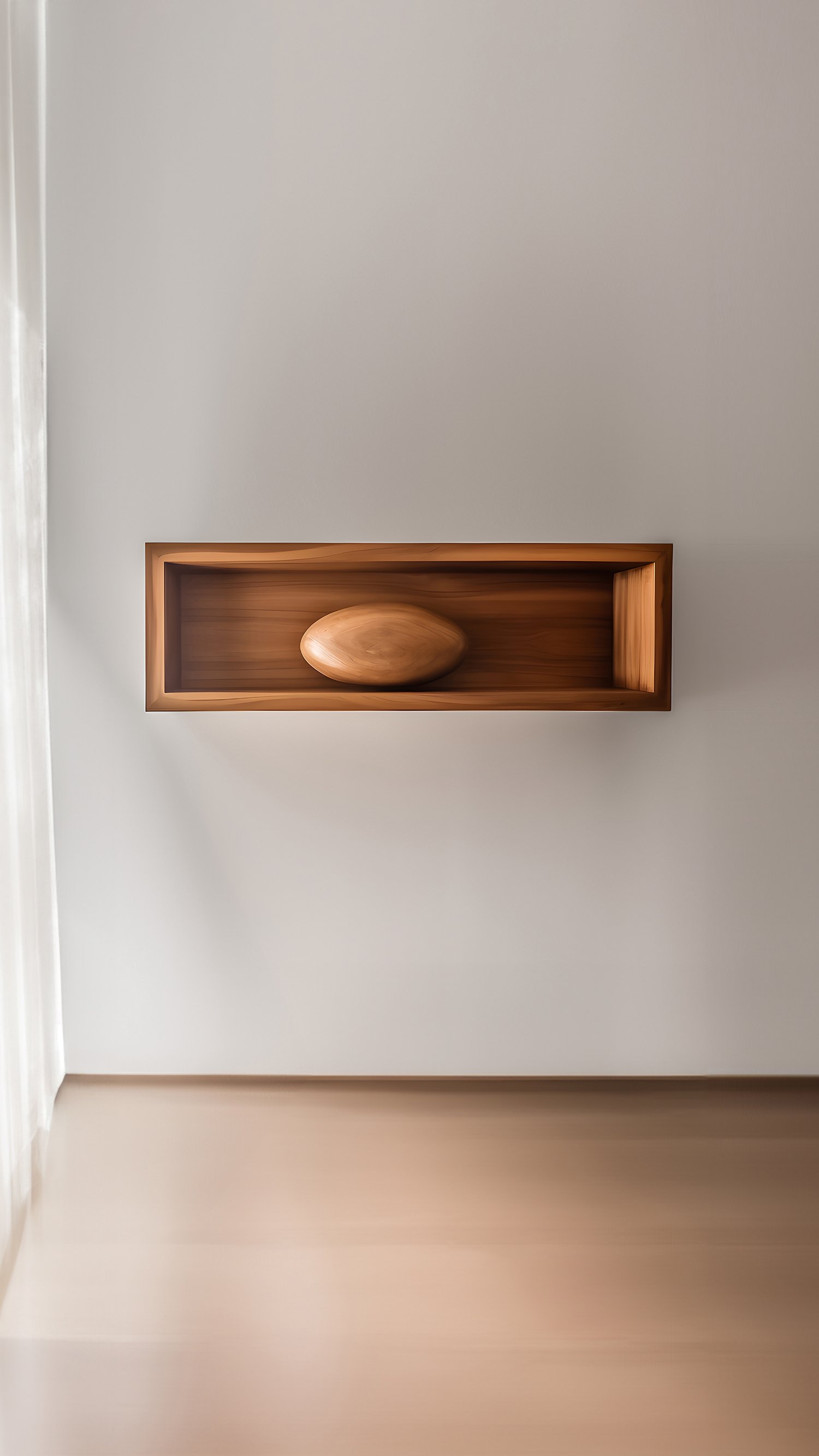 Rectangular Floating Shelf with Close Back and One Large Sculptural Wooden Pebble Accent, Sereno by Joel Escalona — 2.jpg