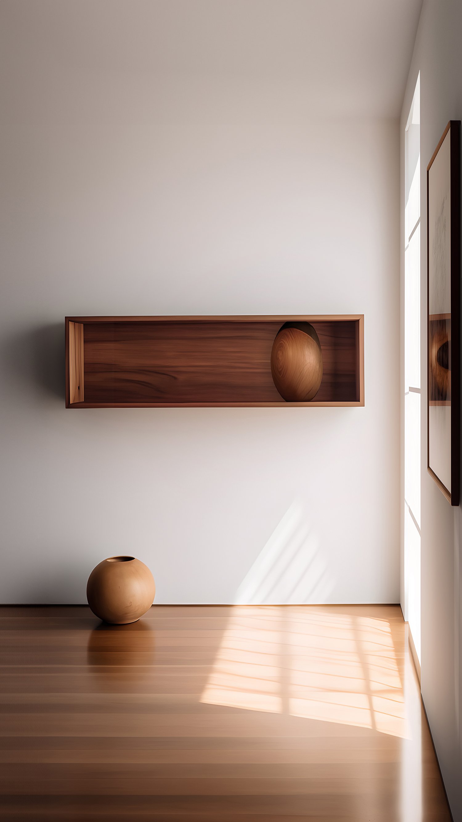 Rectangular Floating Shelf with Close Back and One Large Sculptural Wooden Pebble Accent, Sereno by Joel Escalona — 5.jpg