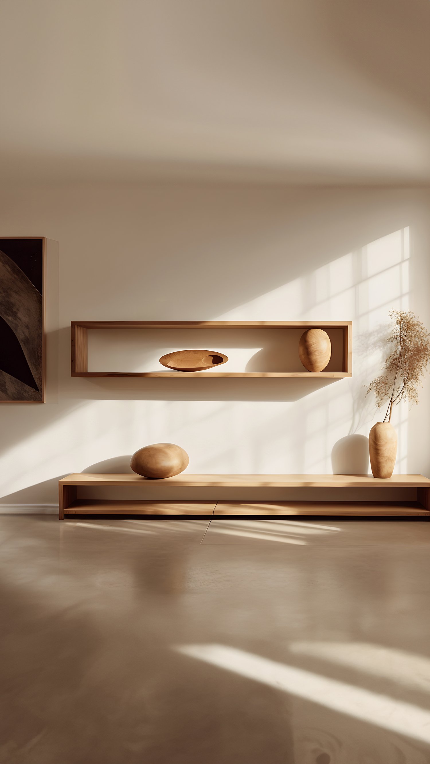 Large Rectangular Floating Shelf with One Sculptural Wooden Pebble Accent, Sereno by Joel Escalon — 2.jpg