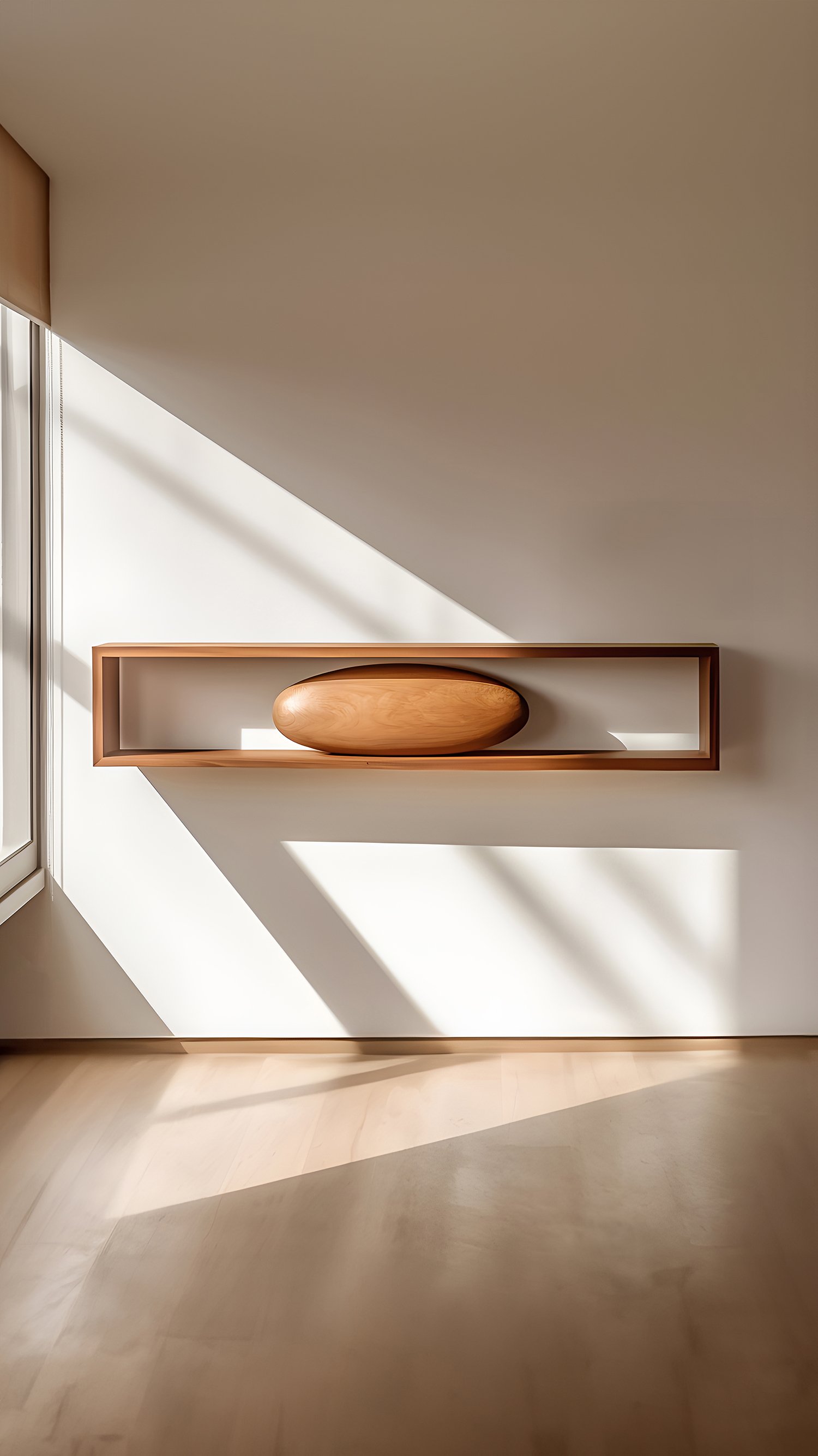 Large Rectangular Floating Shelf with One Sculptural Wooden Pebble Accent, Sereno by Joel Escalon — 5.jpg
