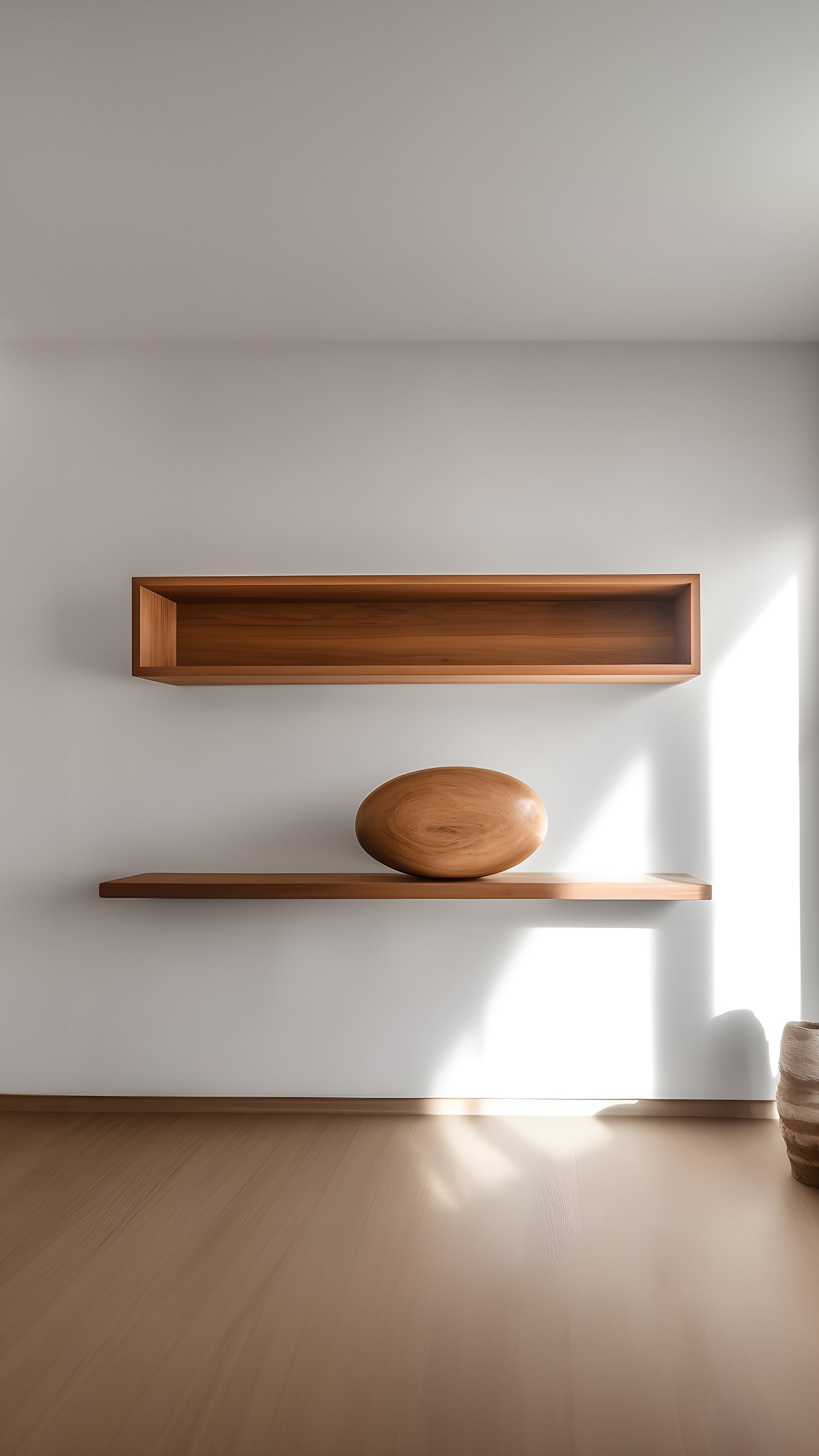 Large Rectangular Floating Shelf with Close Back and One Large Sculptural Wooden Pebble Accent, Sereno by Joel Escalona — 4.jpg