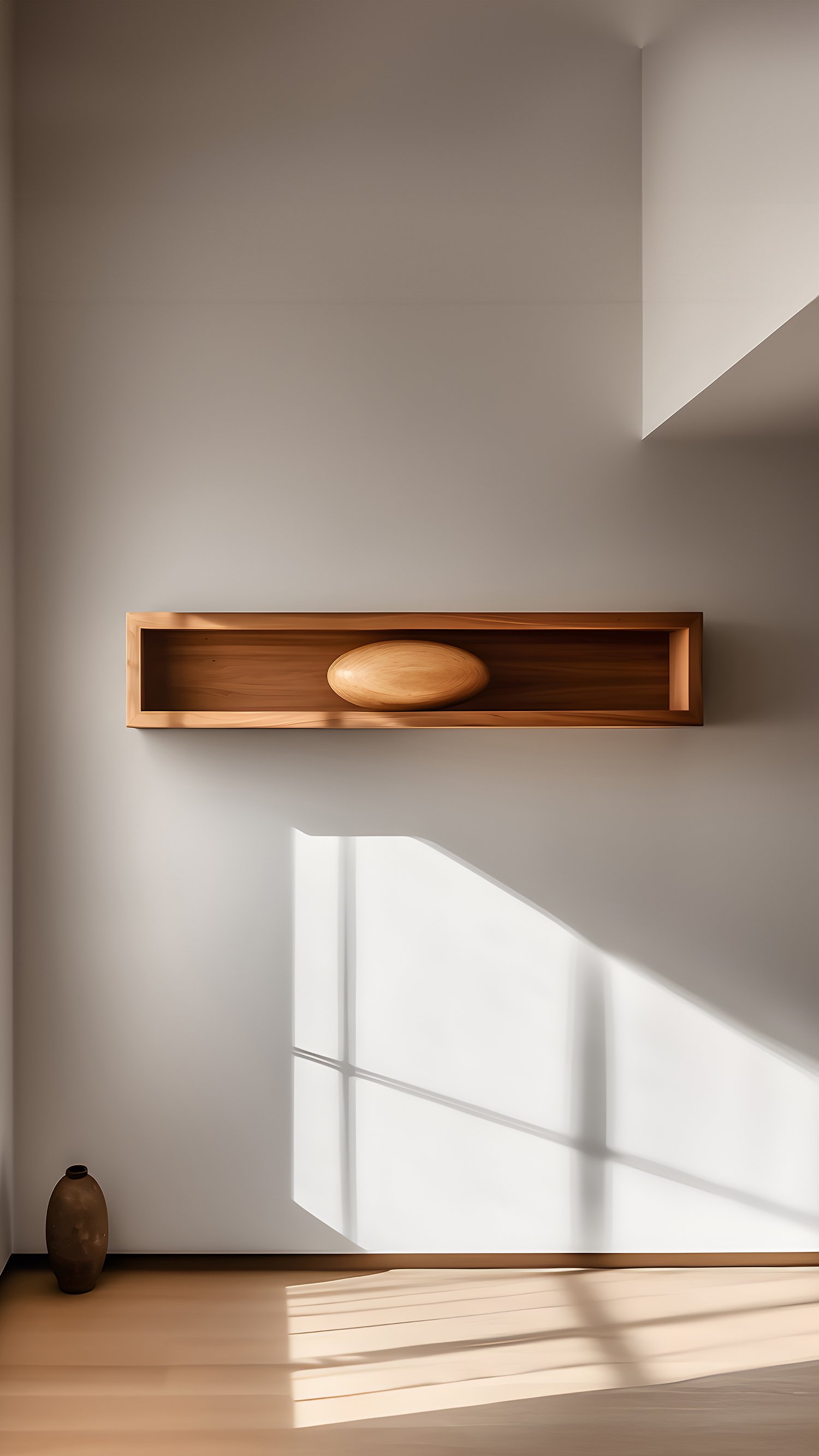 Large Rectangular Floating Shelf with Close Back and One Large Sculptural Wooden Pebble Accent, Sereno by Joel Escalona — 2.jpg