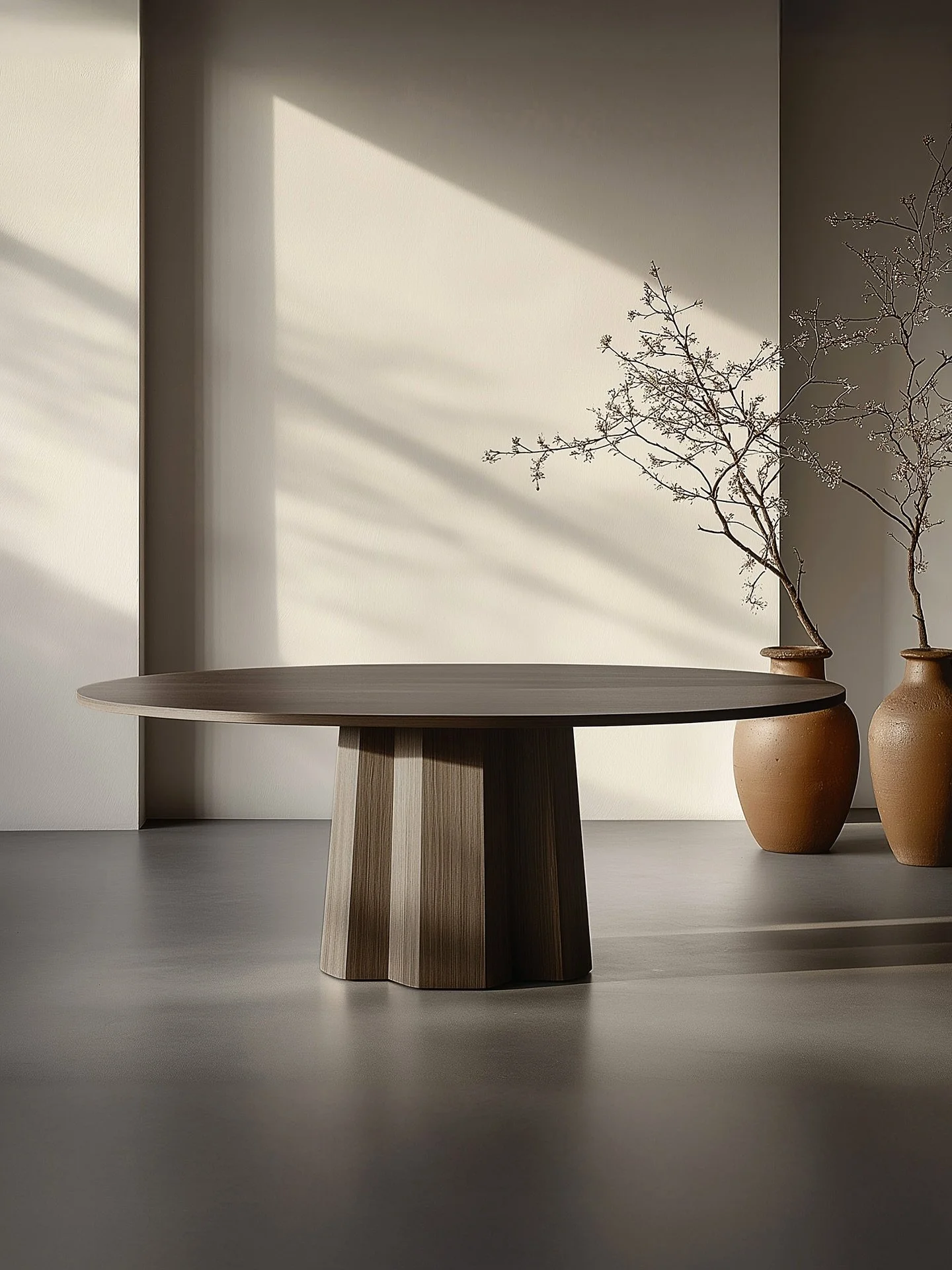 Inspired by Carlo Scarpa, the Scarpa Dining Table features a design that balances tradition and modernity. The cylindrical base and round top create a harmonious look, making it a perfect addition to any dining space.

&mdash;
For inquiries, contact 