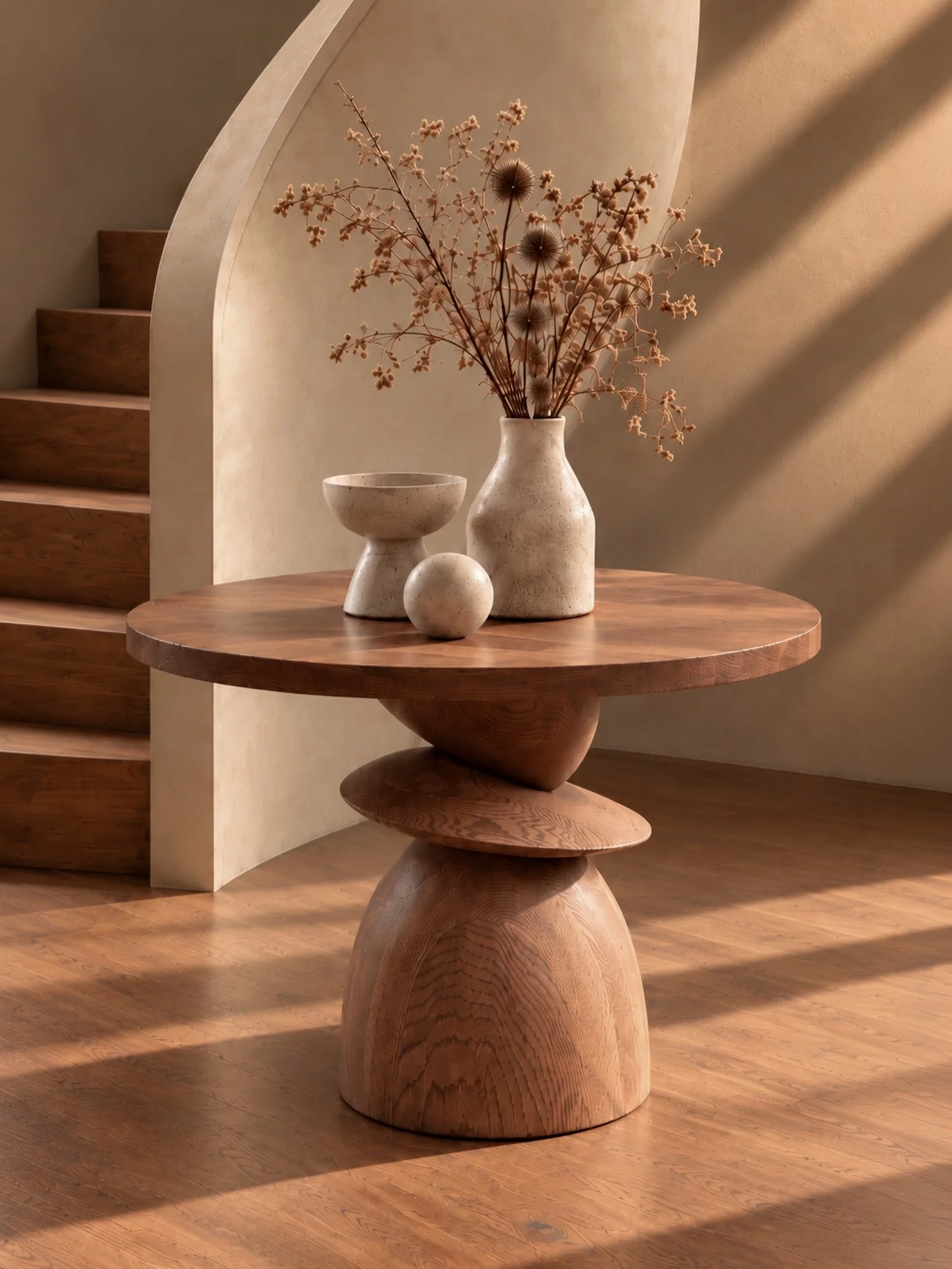 A spiral staircase draws the eye upward, while the Socle Dining Table works in the opposite direction, establishing weight and stability at floor level and creating a clear center for the room.

#diningtable #solidwood #interiordesign