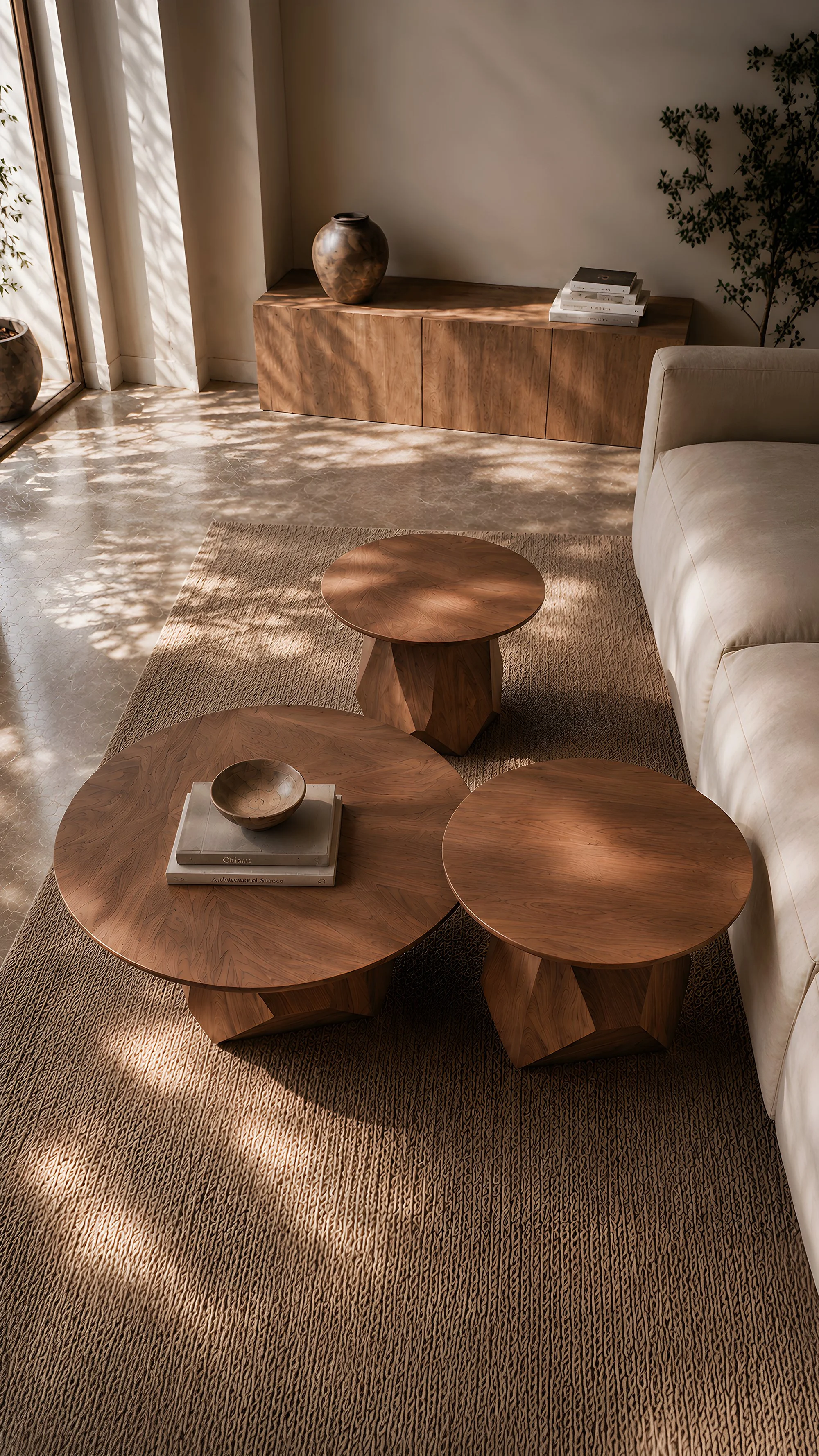 Walnut Solace coffee table anchoring a living room with low, irregular curves and sculptural weight.