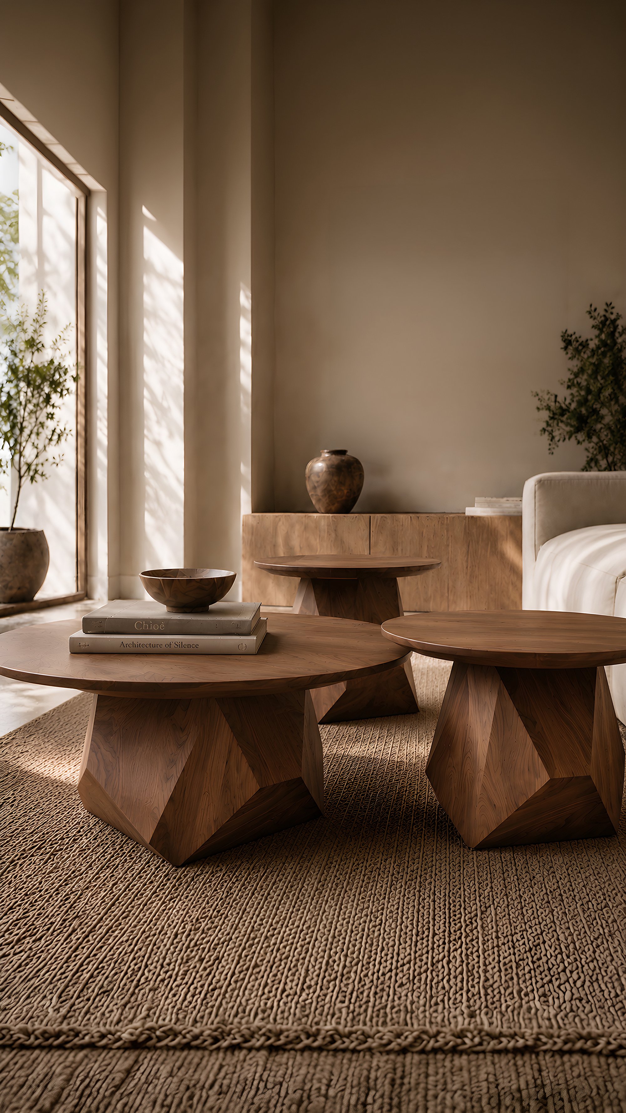 Walnut Solace coffee table anchoring a living room with low, irregular curves and sculptural weight.