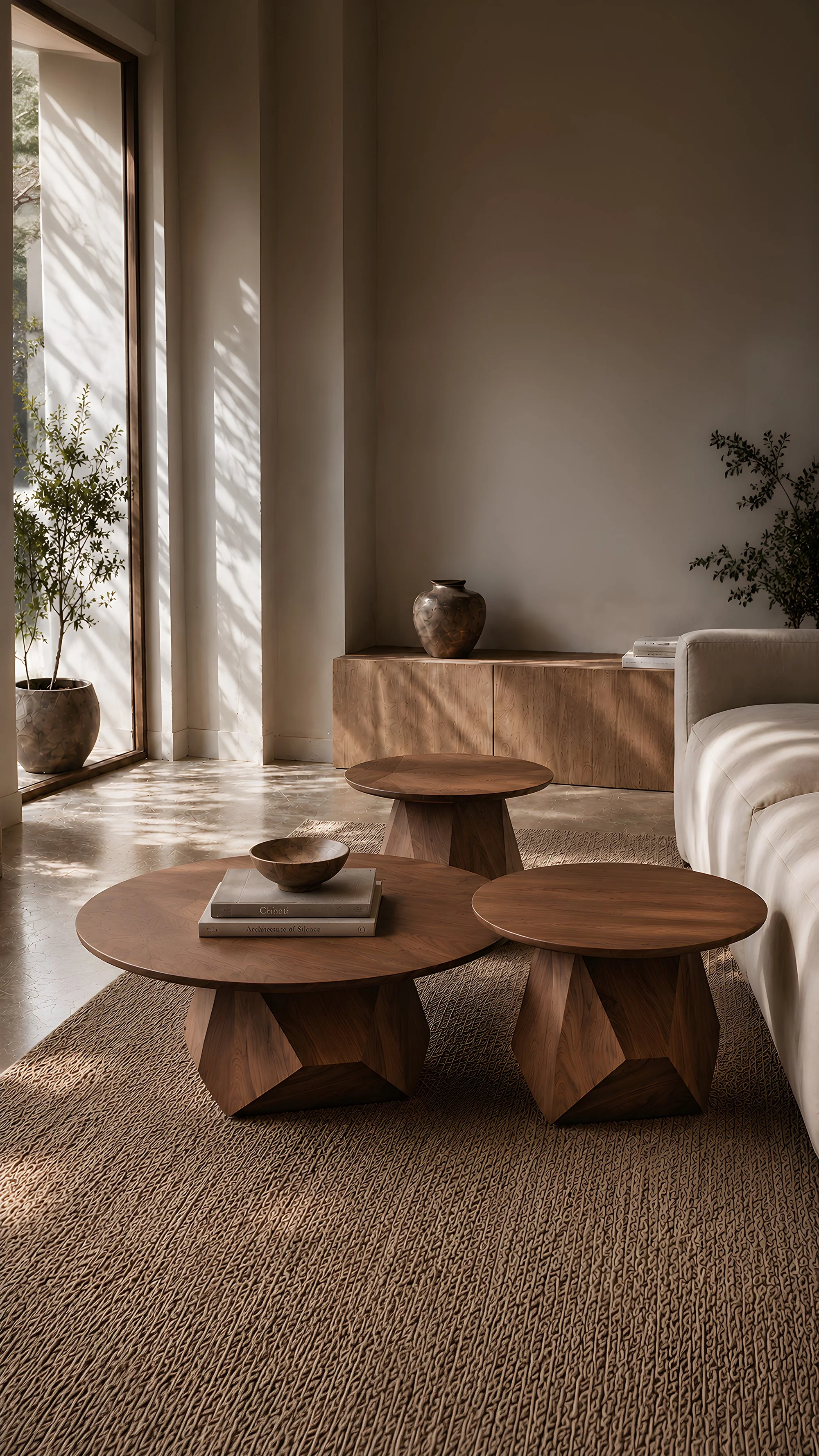 Walnut Solace coffee table anchoring a living room with low, irregular curves and sculptural weight.