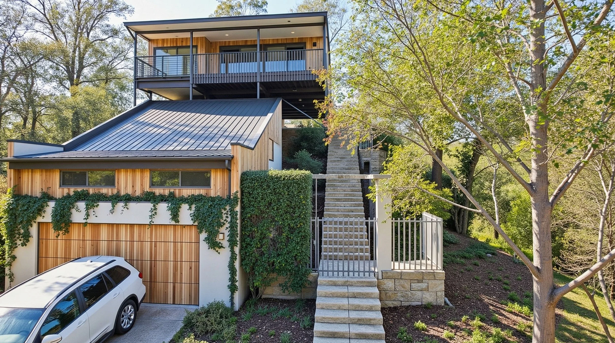 Modern multi-level house labeled 64 with outdoor stairs, a garage, a garden with flowers, mature trees, and a person standing on the balcony.