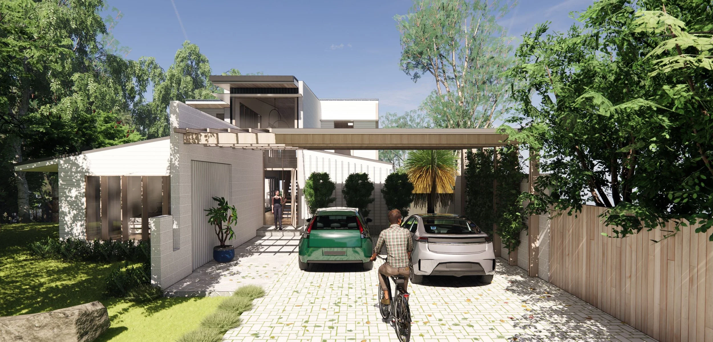 Modern house with a driveway, parked cars, a person riding a bicycle, and a woman standing near the stairs at the entrance, surrounded by trees and greenery.
