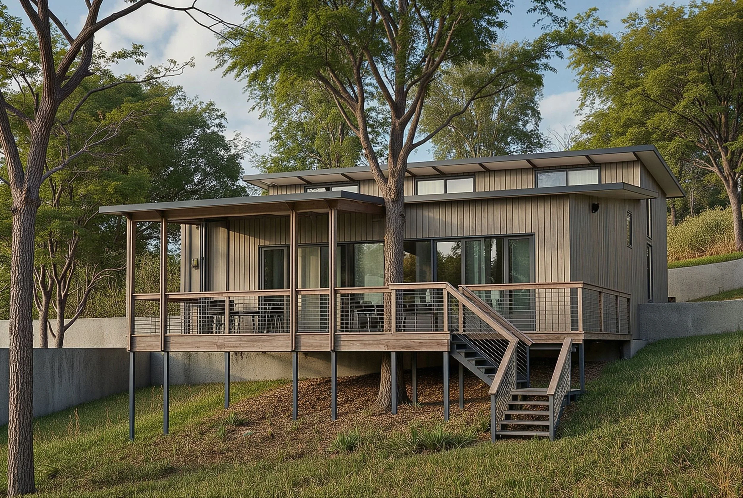 Modern house with large porch and wooden stairs on a hillside, surrounded by trees and greenery.