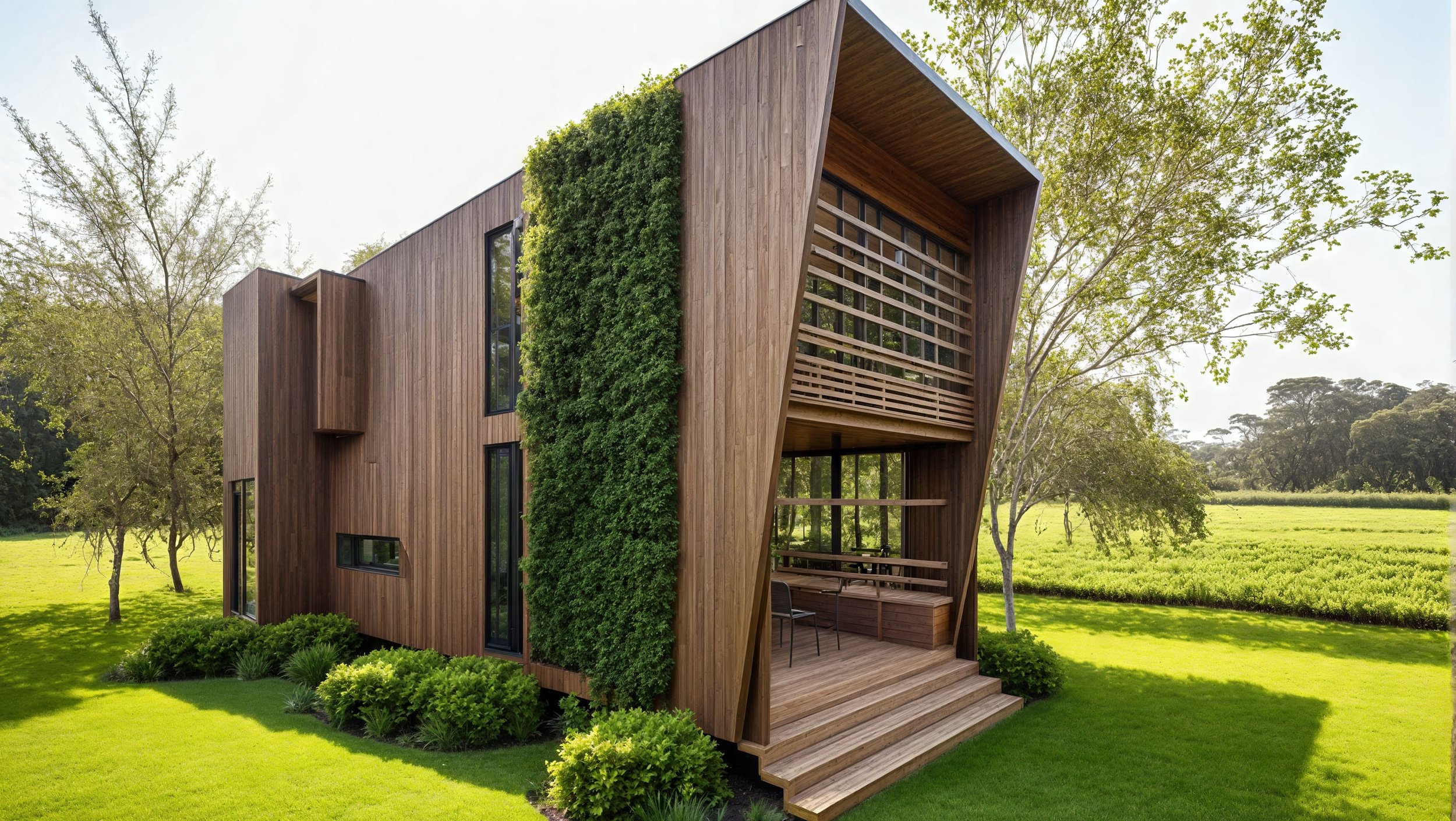 Modern two-story house with dark exterior, large windows, and a unique sloped roof, surrounded by greenery at sunset.