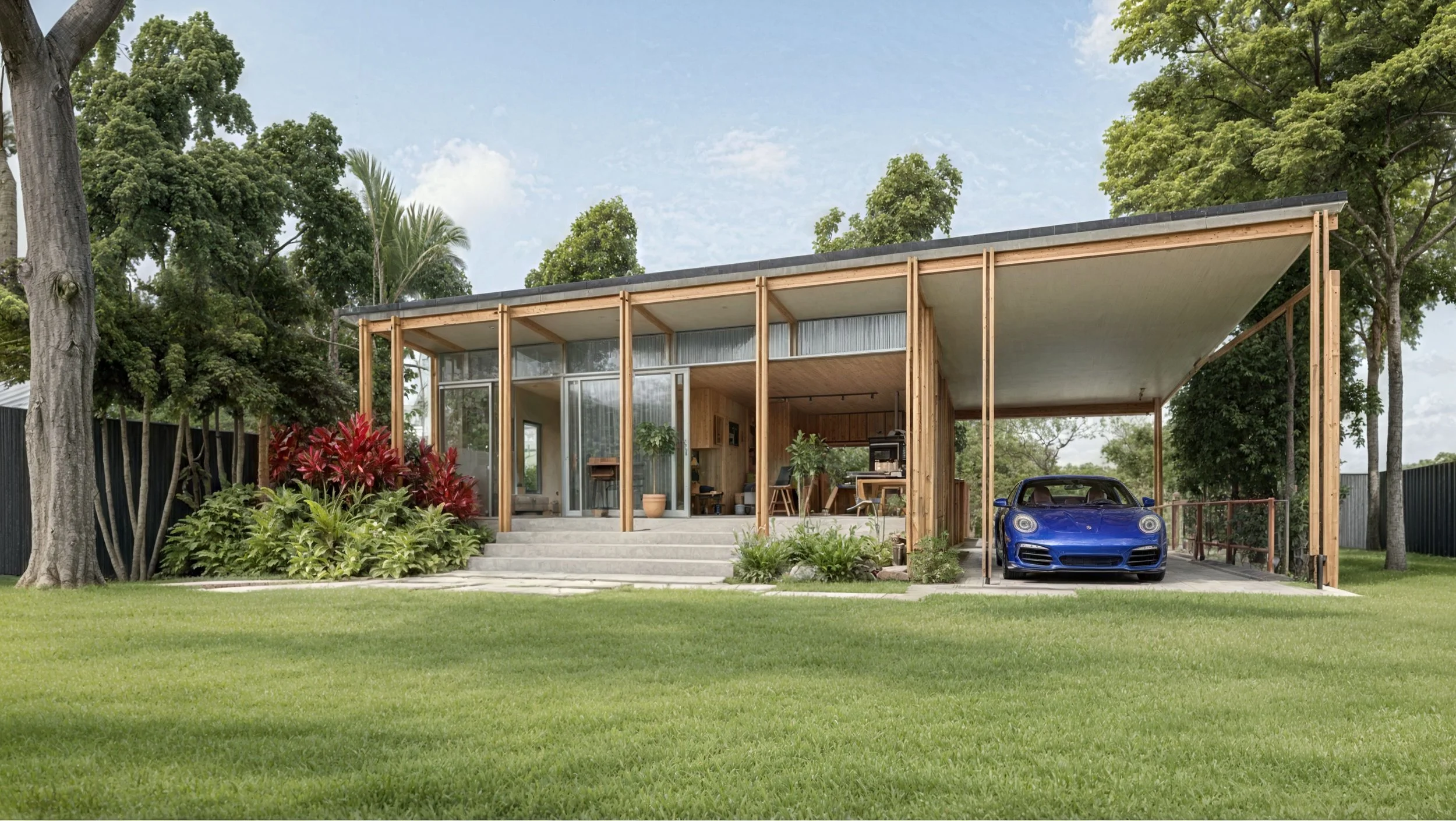 Architectural rendering of a modern, open-concept house with a carport, surrounded by lush tropical plants, featuring a person inside, with the BAHOUSE logo in the bottom left corner.
