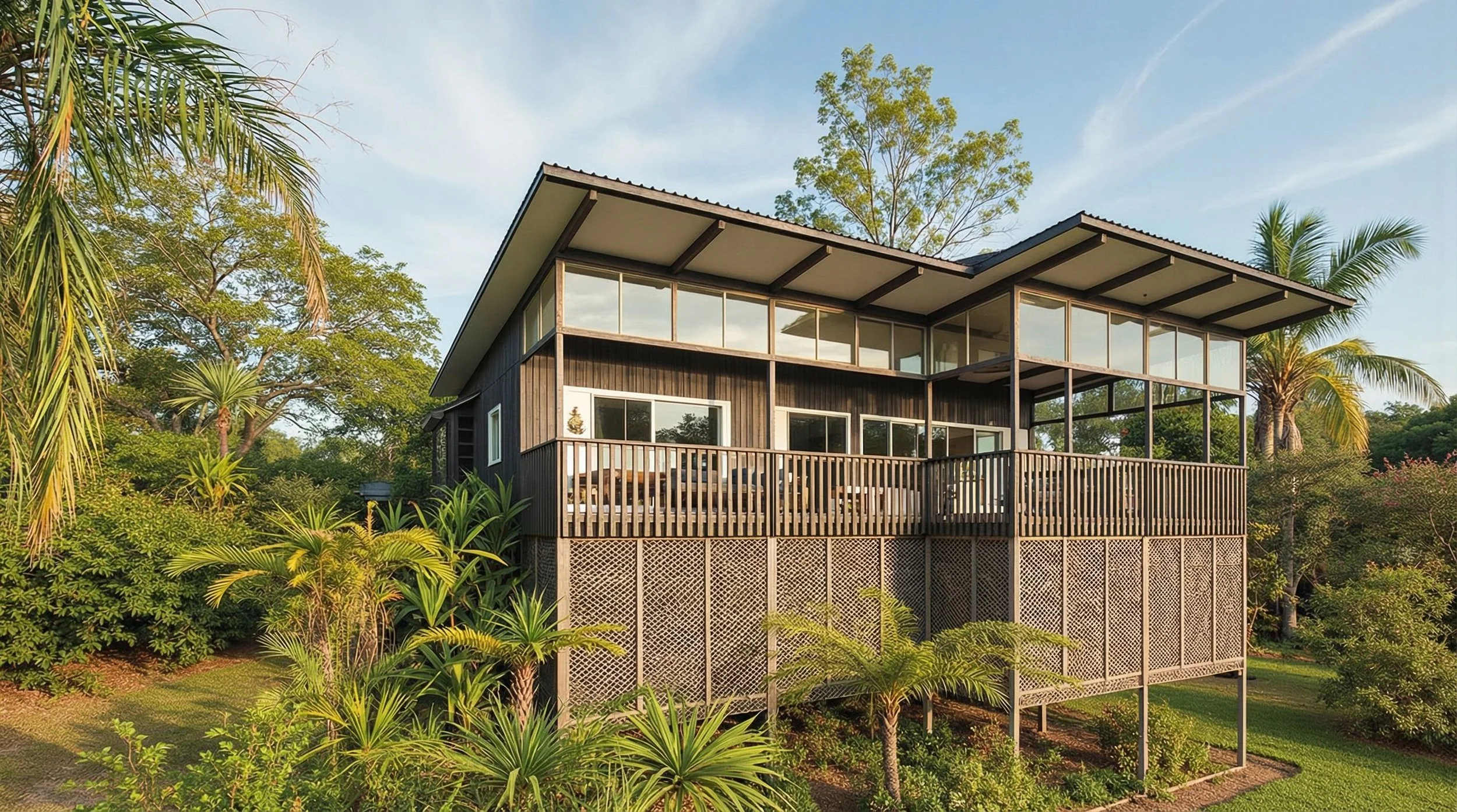 A modern house with a large upper balcony surrounded by greenery, including trees and plants, and a glass-enclosed lower level.