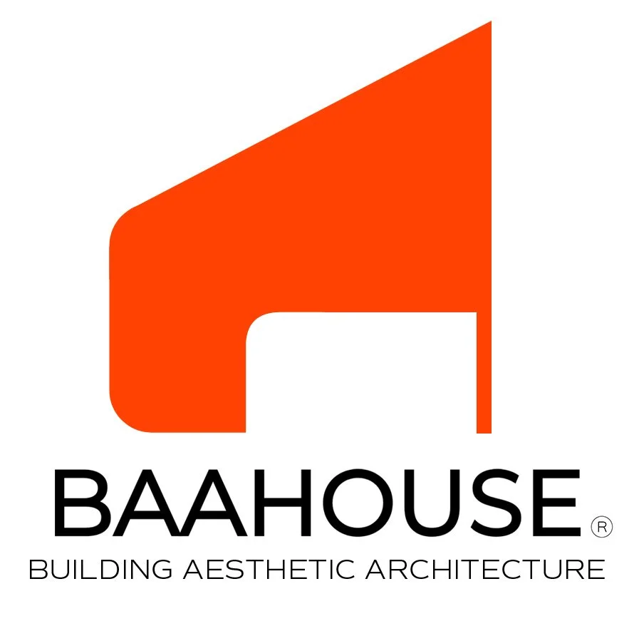 Red geometric logo resembling a stylized letter 'R' with the words 'BAAHOUSE' and 'BUILDING AESTHETIC ARCHITECTURE' underneath.