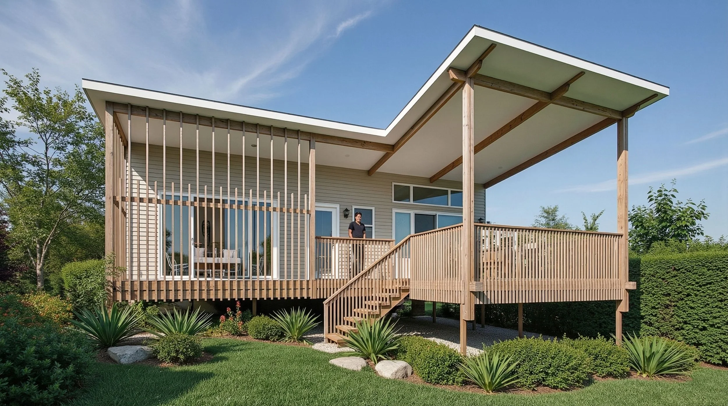 A modern house with a wooden deck and railing, surrounded by green bushes and trees, under a blue sky.
