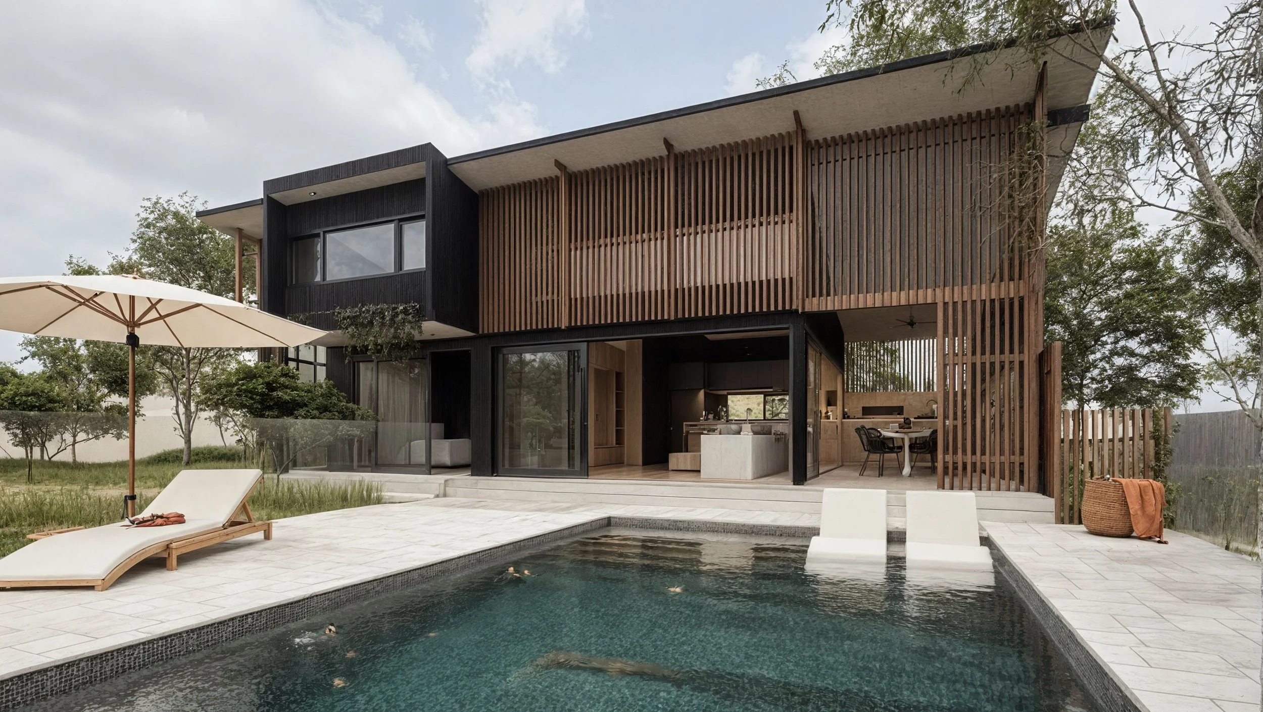 Modern two-story house with outdoor pool area, two people relaxing by the pool, one person in green shorts near an outdoor dining setup, and a person inside on the second floor balcony.