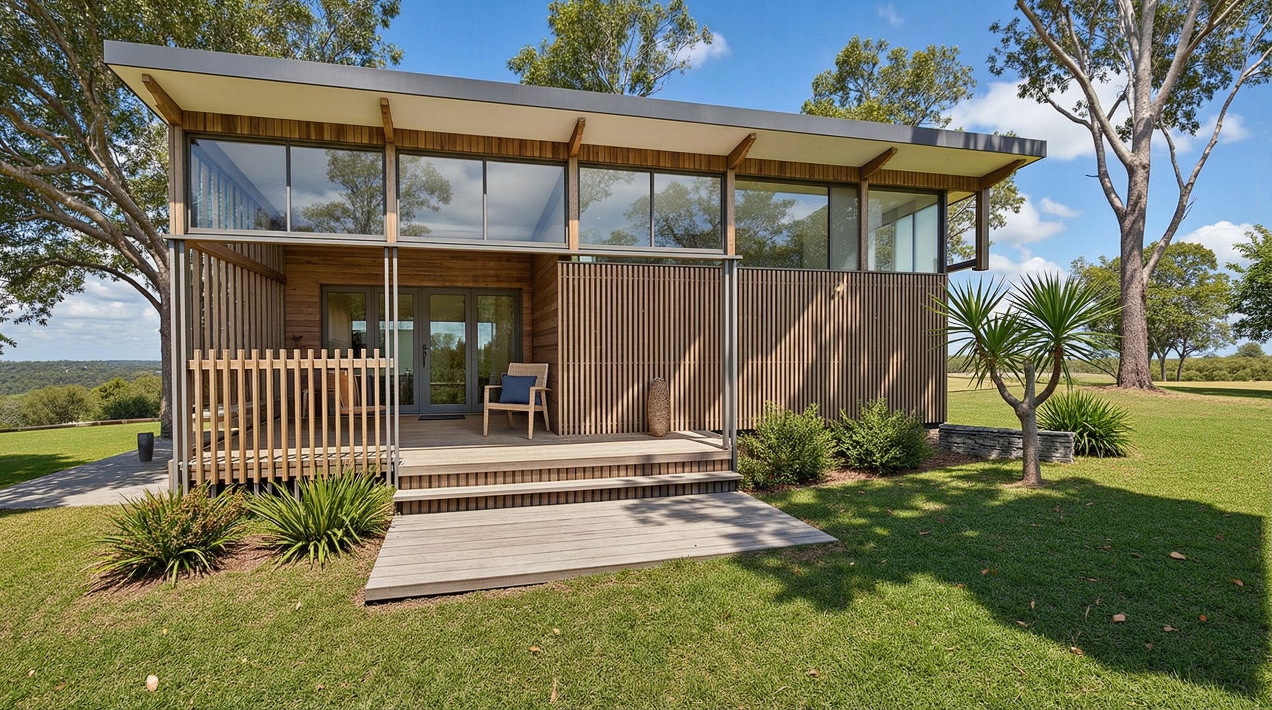 A modern two-story house with a large porch, glass windows, and wooden slats on the exterior. There is a woman standing on the porch. The house is surrounded by green grass, trees, and desert plants like a cactus and a bush with rocks nearby.