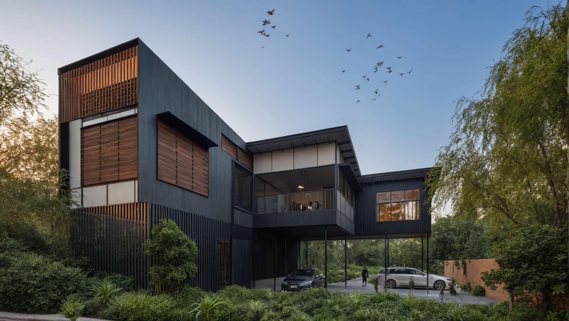Modern house with metal siding and large windows, surrounded by lush tropical plants and trees, with a car parked underneath.