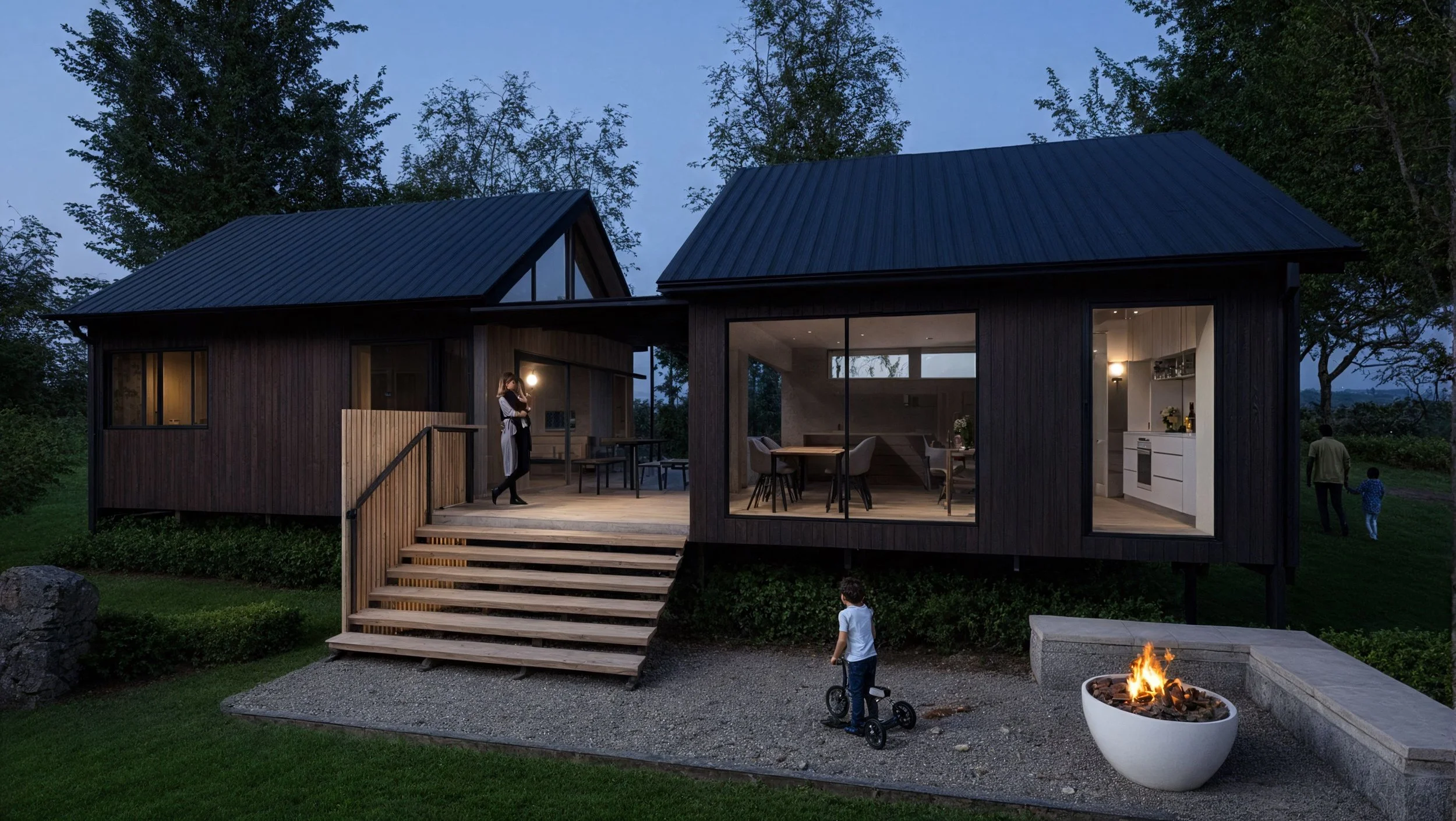A modern house with wood and metal exterior, large windows, a porch with steps, surrounded by greenery, children playing with a scooter and a skateboard, a red barbecue grill on the patio.