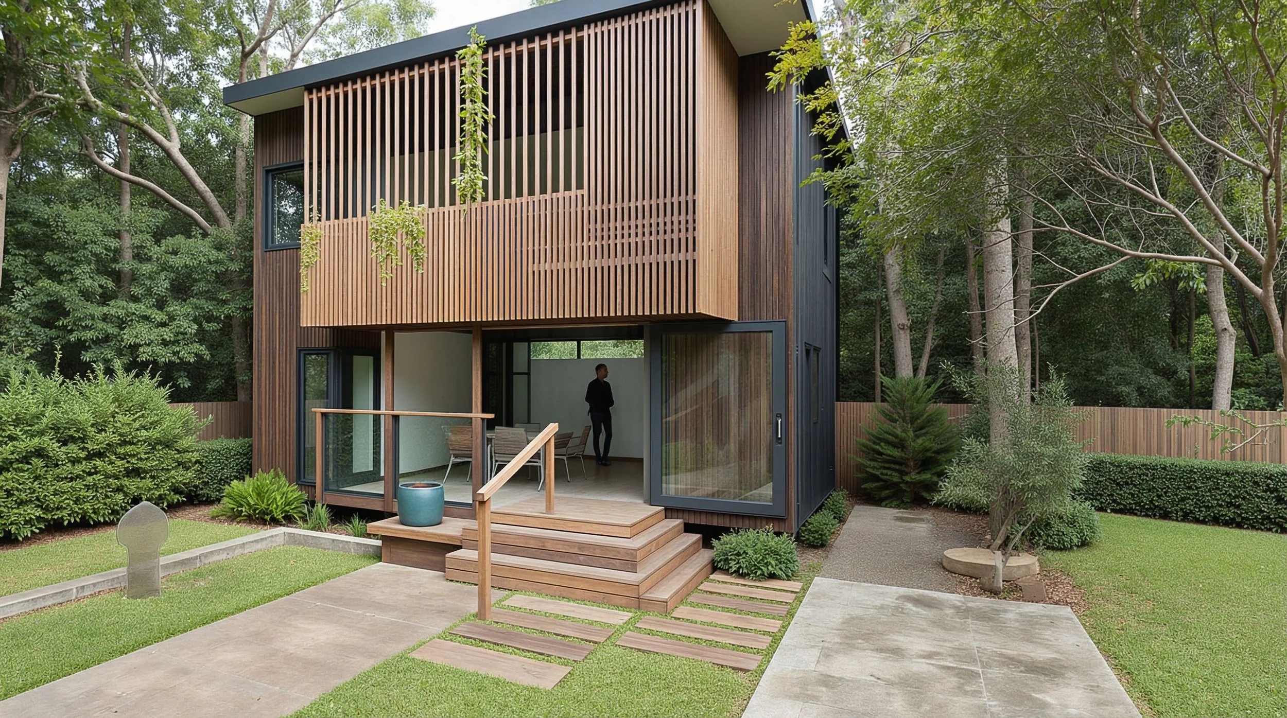 A modern two-story house with a wooden exterior, surrounded by lush trees and plants. The house has a front porch with steps leading up to it, and an outdoor area with a swimming pool and a pink flamingo float. There are two people: one sitting on the steps reading, and another standing inside near a TV and bookshelf.