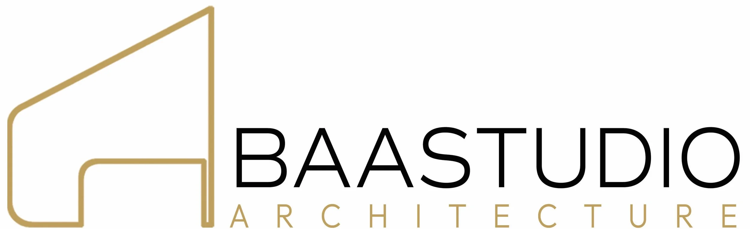 Logo for BAASTUDIO ARCHITECTURE featuring a stylized gold and black geometric shape resembling a building, with the text 'BAASTUDIO ARCHITECTURE' next to it.