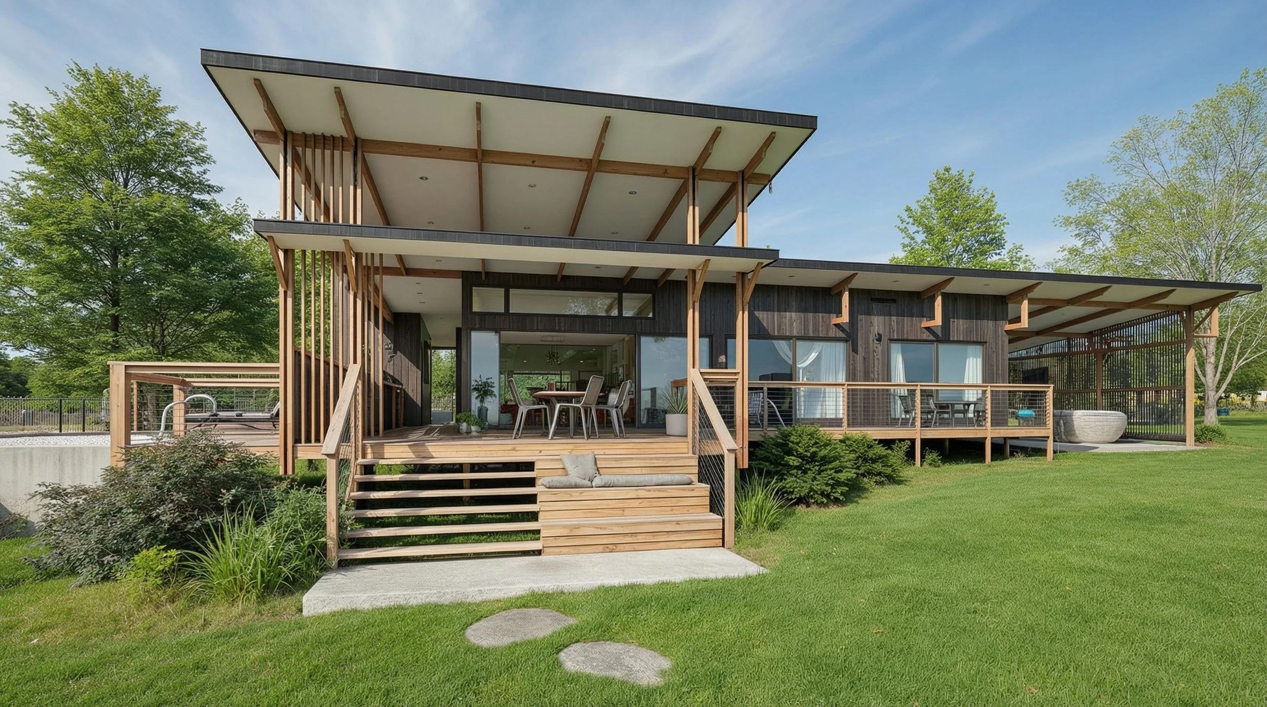 Modern house with large outdoor deck and swimming pool, surrounded by greenery and trees, with people relaxing and a car parked on the side.