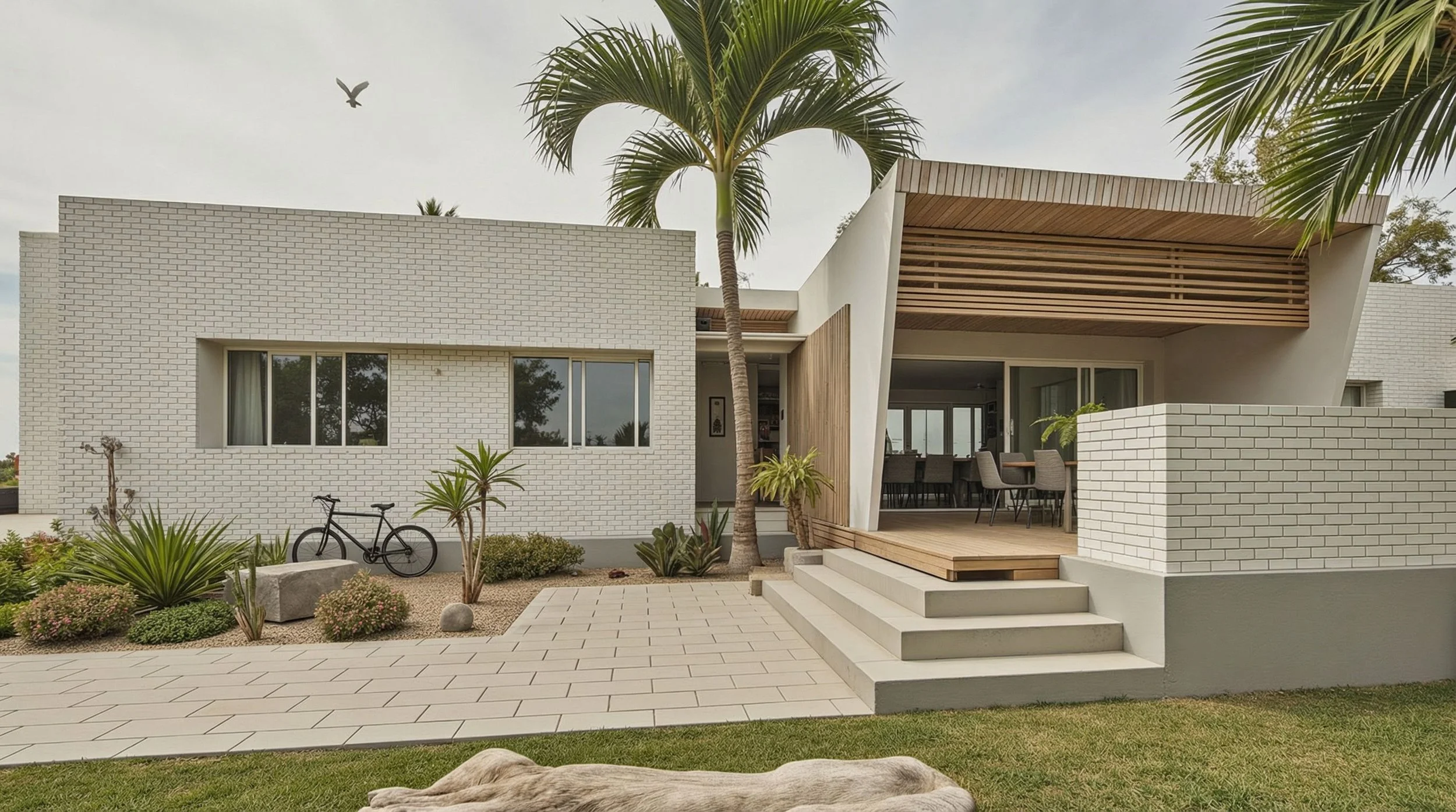 Modern house exterior with a driveway, bicycle, palm trees, and two people, one with a dog lying on the ground, and one standing on stairs.