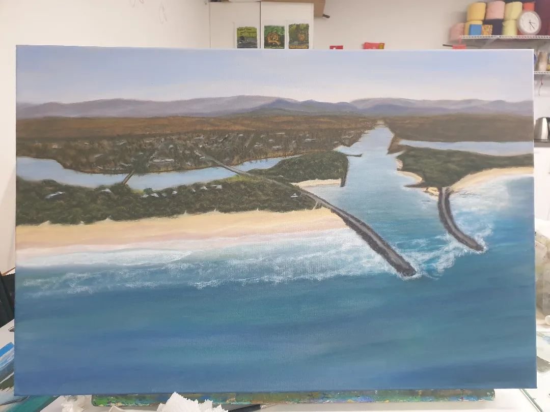 WIP Day 5 - I think it might be finished. I'll look at it with fresh eyes next week and decide then.  Today I worked on the waves and water. Reshaped a small part of the river near my favourite spot. I softened the dark green in the mid section. I ad