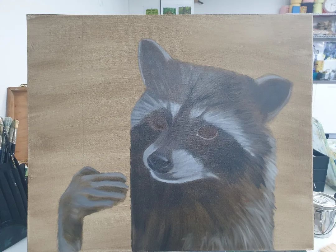 WIP Day 1 - Block in stage again.  Beginning a new painting today for the upcoming @recoveredfutures exhibition. 

Another Raccoon. So far each raccoon I've painted has sold at this exhibition so whilst they are still popular I plan to keep doing the