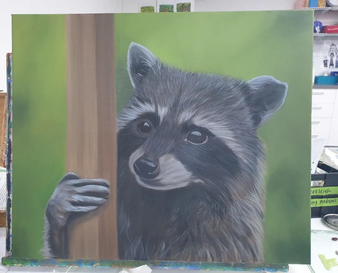WIP Day 3 - today focused mostly on adding fur. Lots of different values of fur. I also added highlights to the eyes, reshaped the size of the ear, worked more on the hand and lastly added a few darker areas to the background so it didn't look like a