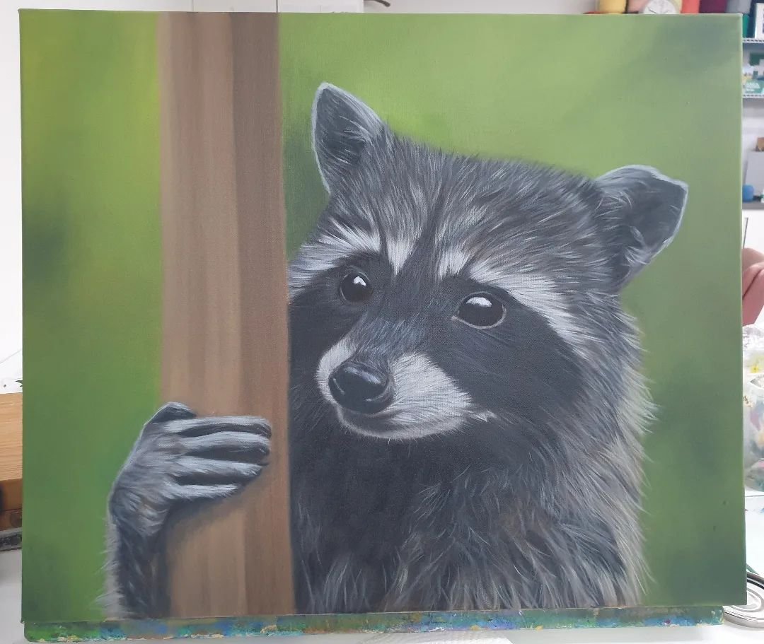 WIP Day 4 - today I worked on adding contrast. Darkening some areas and lightening others. I did alot more work on the fur and on his hand. Getting closer to finished. But still a few more things to do. I'll probably work on the wooden post next week