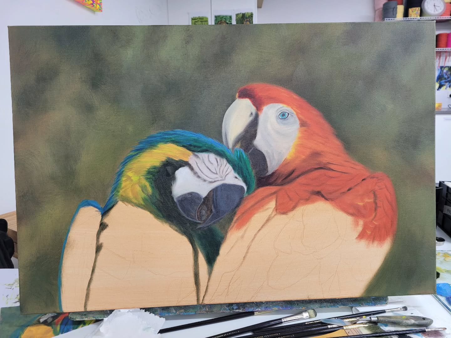 WIP Day 1 - Oh, how I love beginning a new painting. I love how it comes to life on the canvas. Plus, on day 1, I get to focus on just blocking in the basic shapes and colours with minimal detail. As you can see, unfortunately, I didn't get to fu
