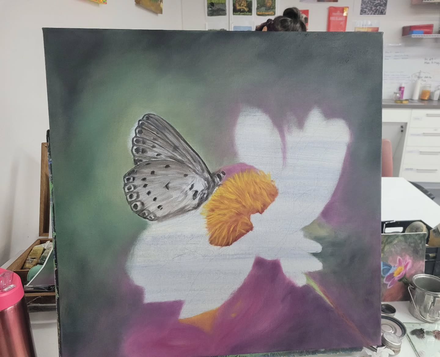 WIP Day 1 - todays' focus was on getting as much of the background done as possible. Then, I added the basis for the centre of the flower and just the dark areas of the butterfy. Once the flower is completed, then I'll be able to decide if the backg