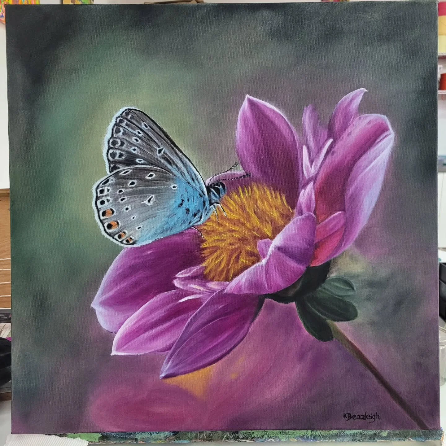 Day 3 - Finished and ready for the KPMG Art Exhibition later in the year. The theme is "In the Blink of an Eye".
Title: 'Brief Encounter'
Description: A delicate blue butterfly pauses on the soft petals of a pink dahlia. Both flower and