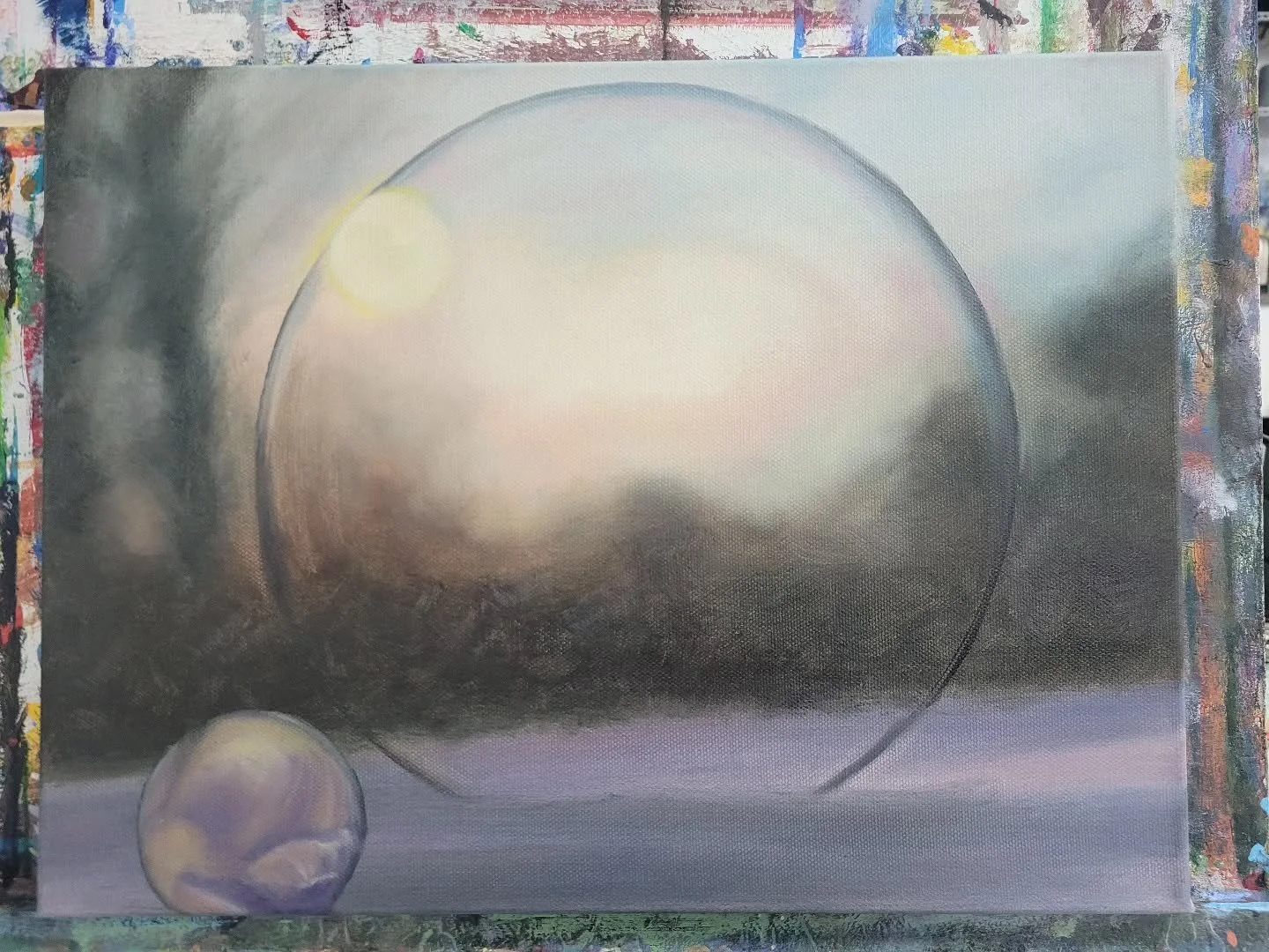 WIP Day 1 - Today, I mostly focused on getting the background in place and the basic placement of the ice bubbles. Next week, I'll focus on putting the ice fractals in the big bubble. Then, creating more ice on the ground. Once that's all done, I'l