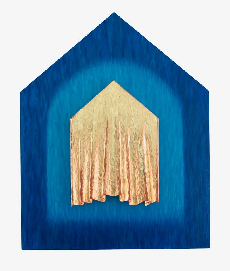 Michael Wolf, The Thin Veil Between, 2022. Wood (Baltic birch plywood and poplar), oil paint, and 24K gold leaf. 30 × 24 × 2¼ in. (76.2 × 61 × 5.7 cm). Courtesy of Hollis Taggart Downtown.