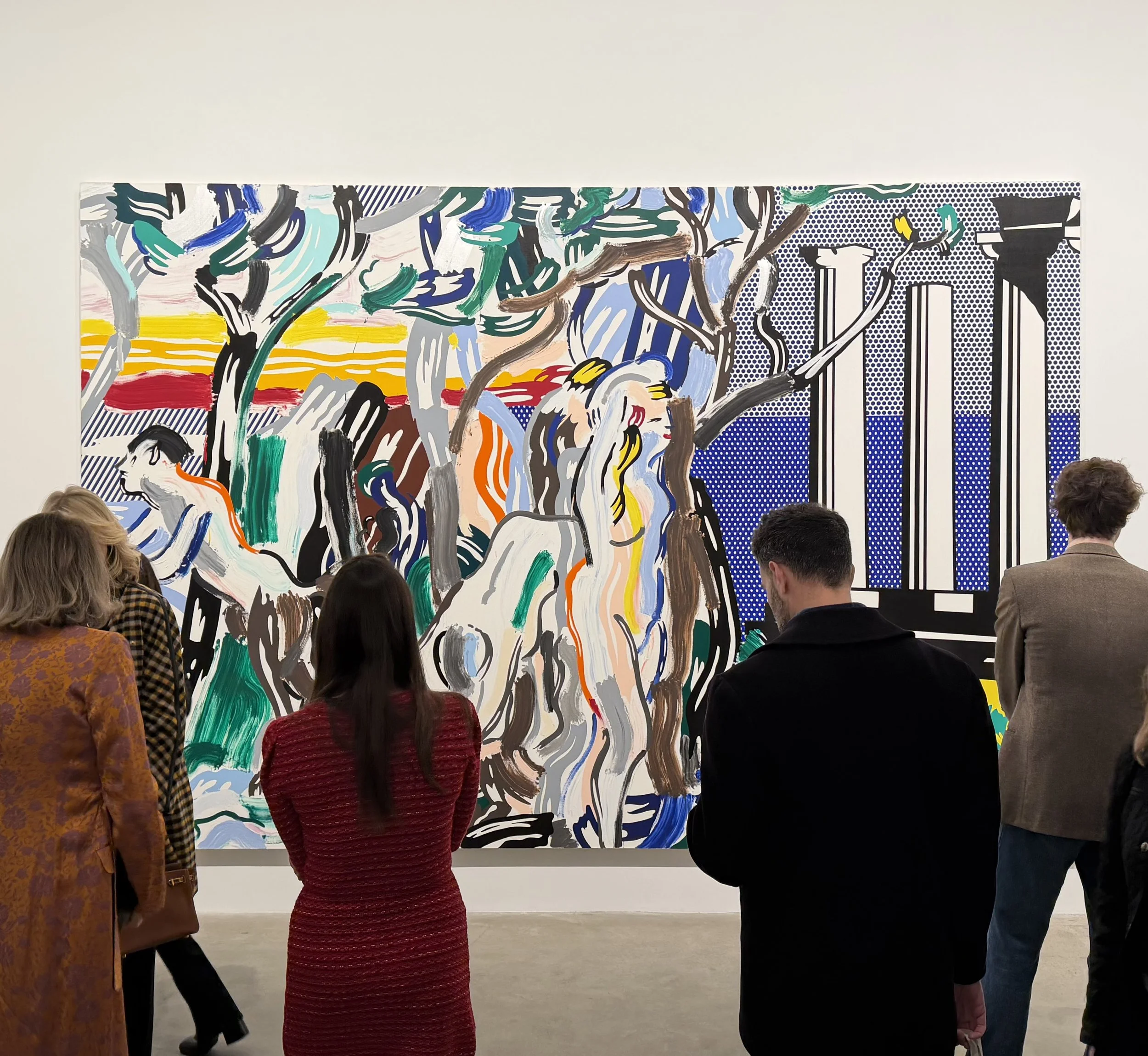 Visitors view Roy Lichtenstein's large-scale painting Forest Scene with Temple (1986) at Gagosian's Chelsea gallery space.