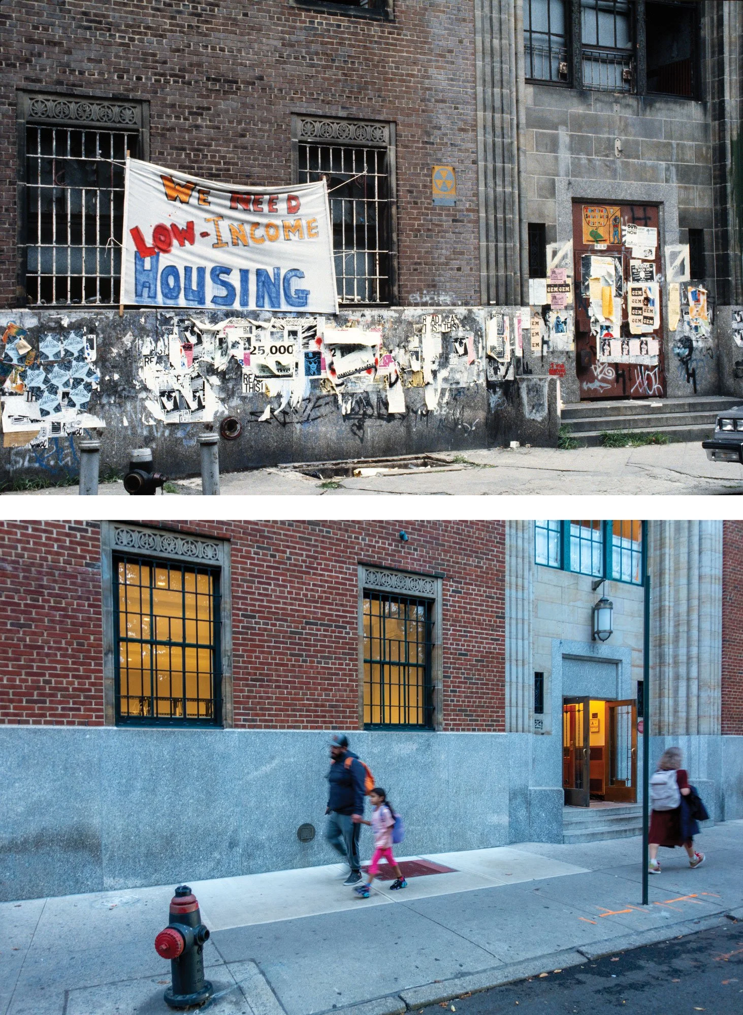 Photos from Daniel Root’s new photo book taken at 143 AVENUE B: (Top 1980s) Christodora House, vacant, before the rapid changes. (Bottom today) Christodora House, walking home from school, walking home from work.