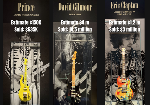 Guitars once owned by Prince, David Gilmore and Eric Clapton realized prices well in excess of estimates at Christies. Graphic by J. Scott Orr