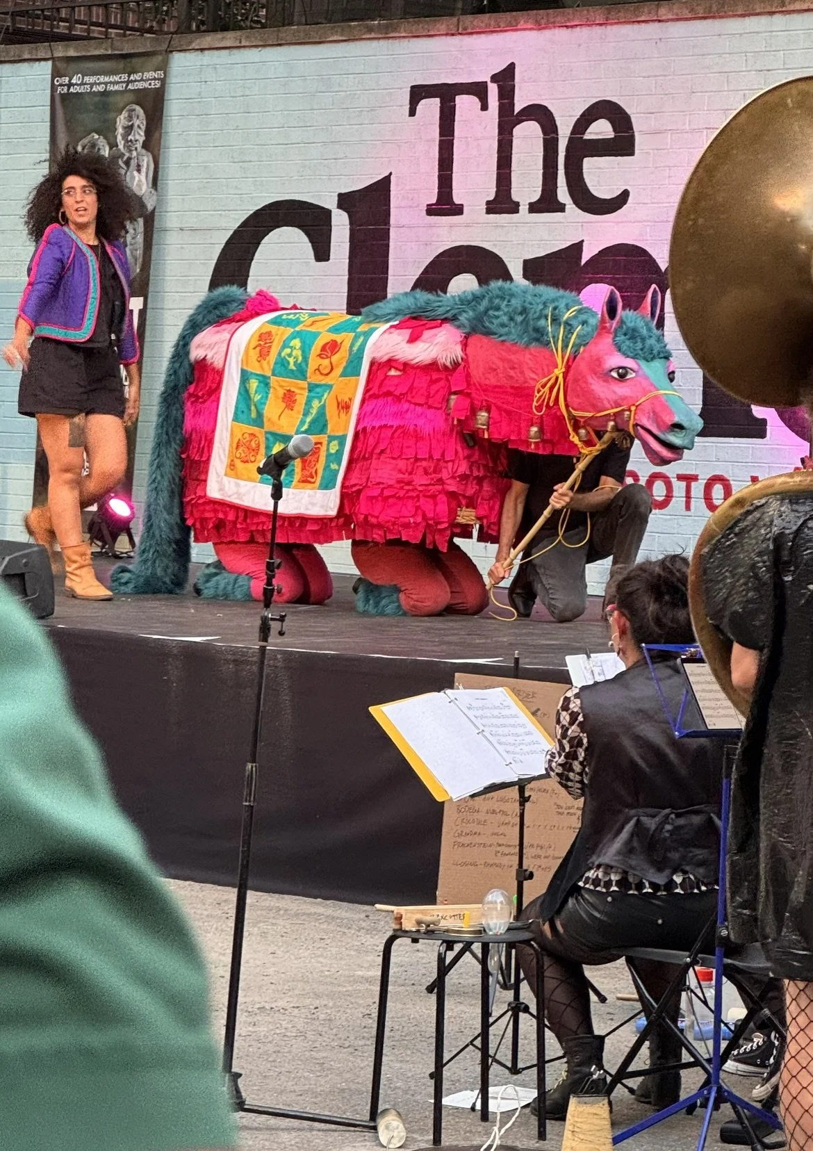 Boxcutter Collective, The Cardboard Pizza Puppet Circus, 2026. Performance at the 4th Annual International Puppet Fringe Festival, The Clemente, New York. Pictured: the Fire Horse puppet, created in honor of the Year of the Fire Horse.