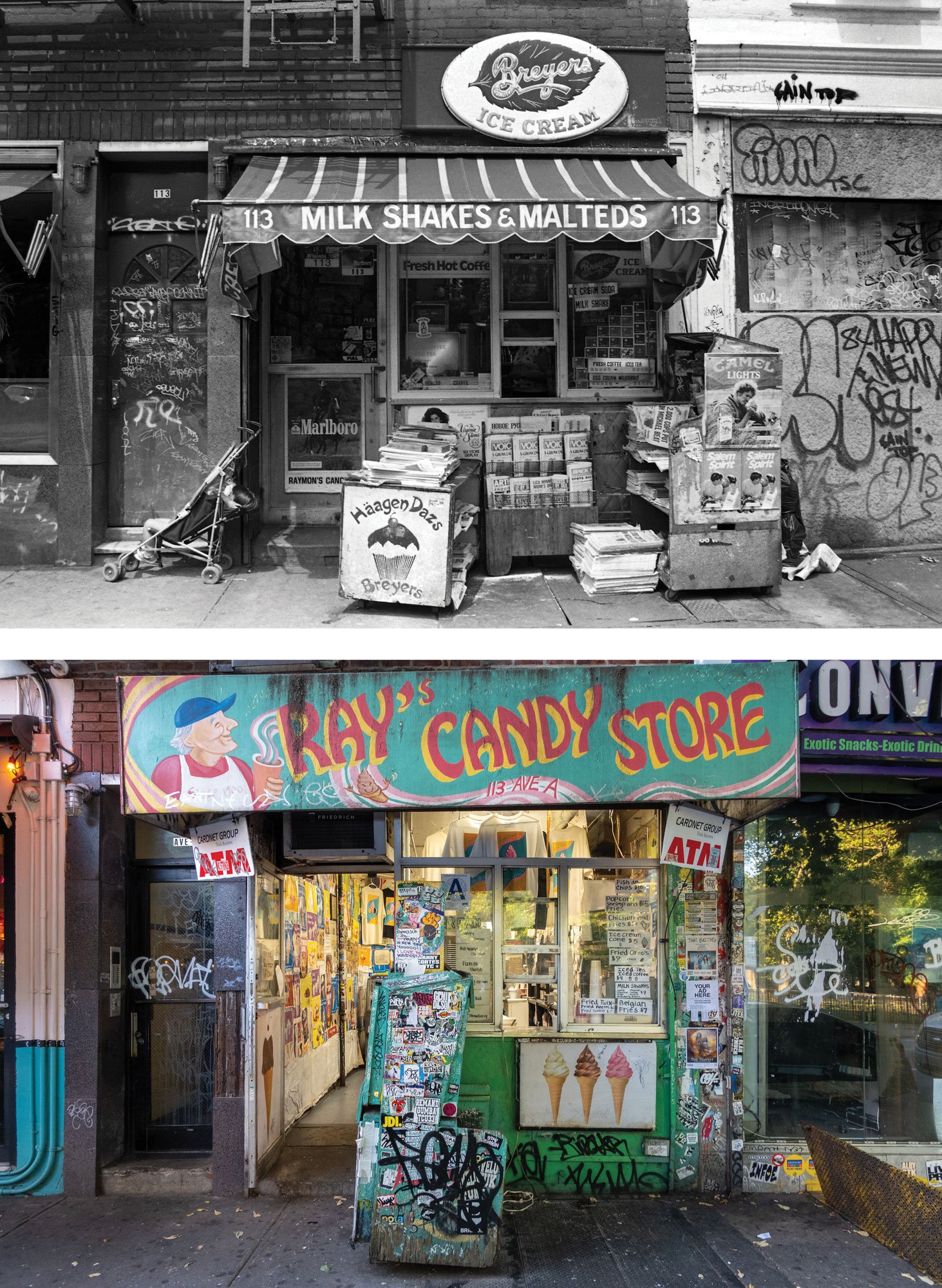 Photos from Daniel Root’s new photo book taken at 113 AVENUE A: (Left 1980s): Ray’s Candy Store, open 24-hours since 1974. (Right today). Now Ray’s is more sweets and munchies.