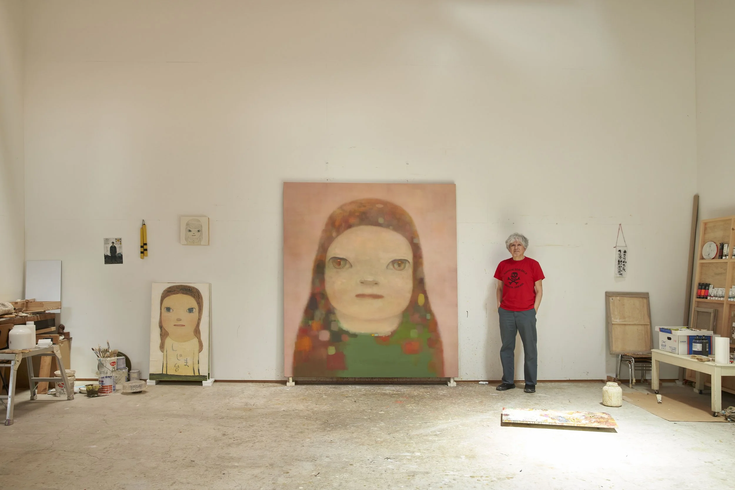 Yoshitomo Nara in his studio, 2026. Photograph: Keita Saiki, Artwork: Yoshitomo Nara