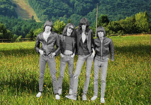 Collage featuring the iconic Roberta Bayley photograph of the Ramones.