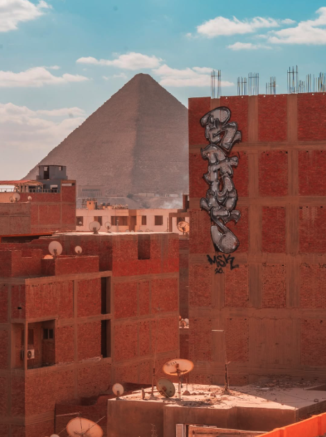 Rams rappel graffiti in the shadow of the pyramids in Giza, Egypt